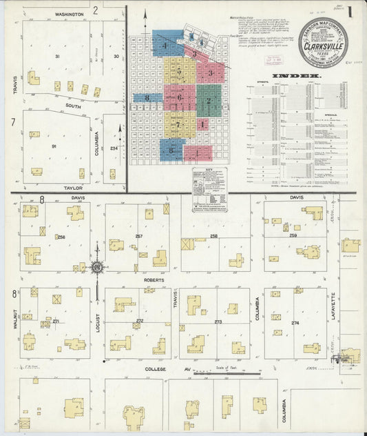 Sanborn Fire Insurance Map from Clarksville, Red River County, Texas (1911), Sheet #0001 - Complete Map Set gallery image, historic Sanborn map, vintage wall art, Texas Texas