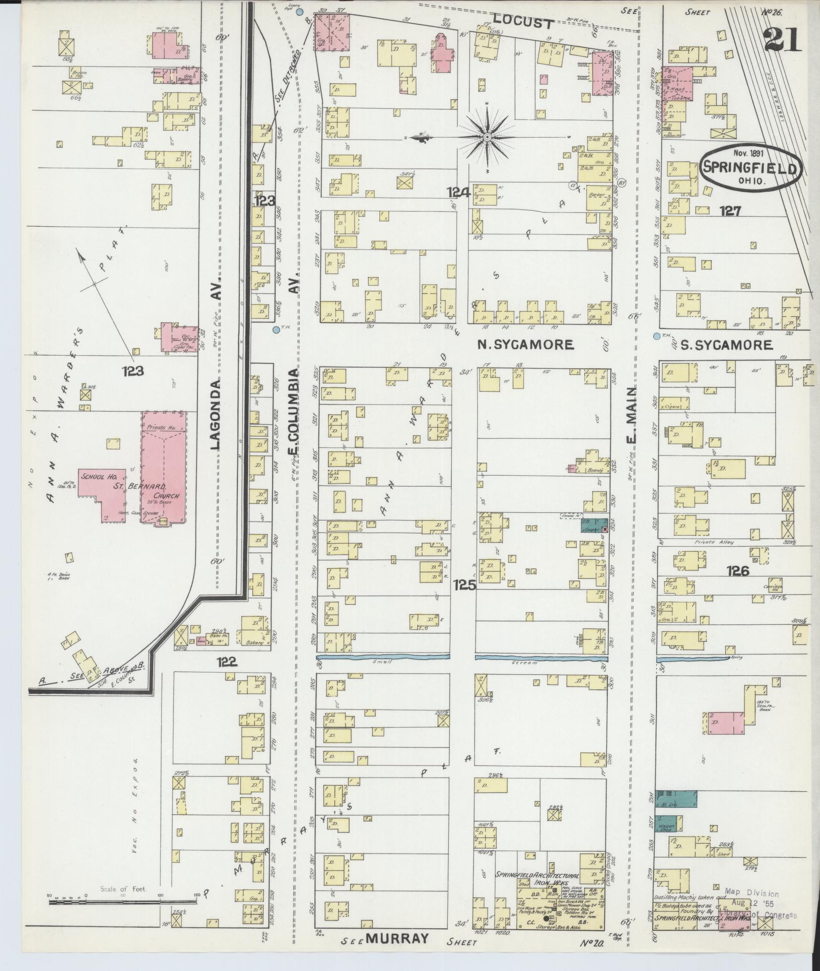 Sanborn Fire Insurance Map from Springfield, Clark County, Ohio (1891), Sheet #0021 - Historic Sanborn Fire Insurance Map Print, vintage old map wall art, antique decor, genealogy gift, Ohio Ohio map