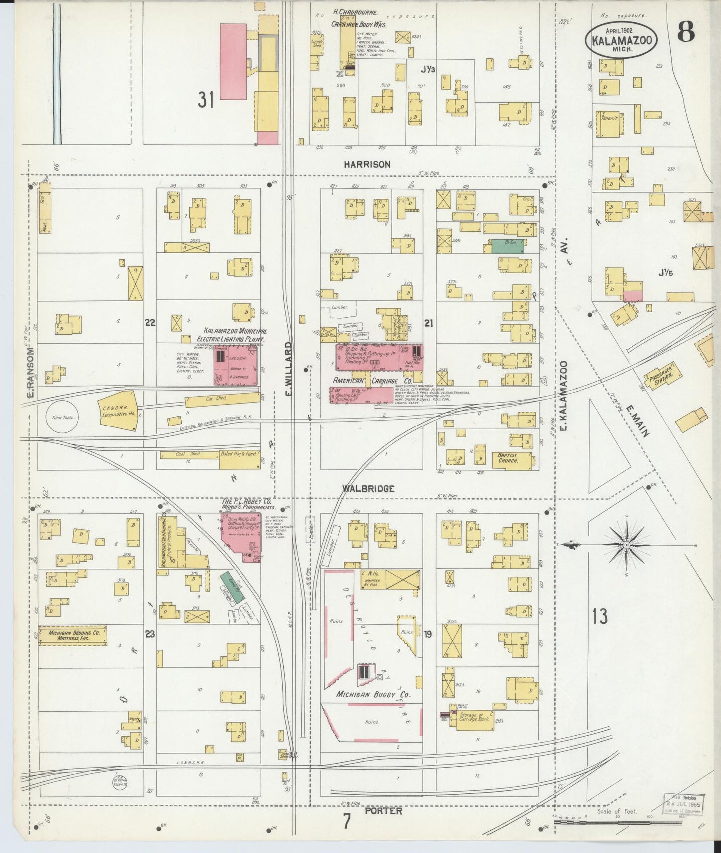 Sanborn Fire Insurance Map from Kalamazoo, Kalamazoo County, Michigan (1902), Sheet #0008 - Historic Sanborn Fire Insurance Map Print, vintage old map wall art, antique decor, genealogy gift, Michigan Michigan map