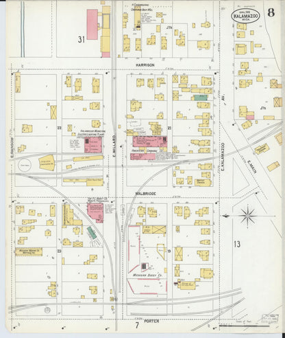 Sanborn Fire Insurance Map from Kalamazoo, Kalamazoo County, Michigan (1902), Sheet #0008 - Historic Sanborn Fire Insurance Map Print, vintage old map wall art, antique decor, genealogy gift, Michigan Michigan map