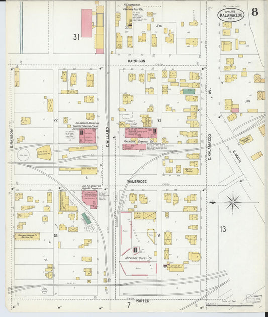 Sanborn Fire Insurance Map from Kalamazoo, Kalamazoo County, Michigan (1902), Sheet #0008 - Historic Sanborn Fire Insurance Map Print, vintage old map wall art, antique decor, genealogy gift, Michigan Michigan map