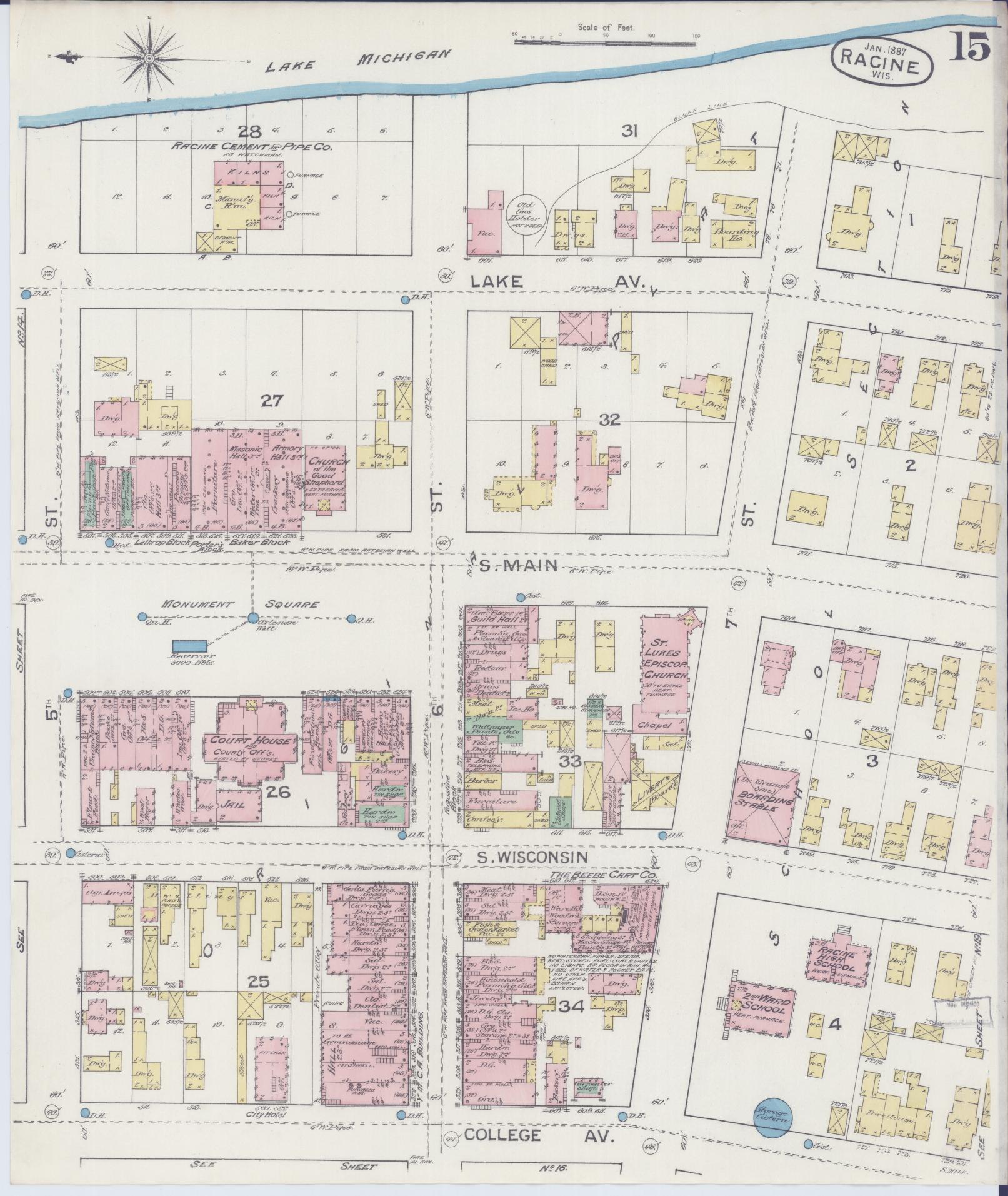 Sanborn Fire Insurance Map from Racine, Racine County, Wisconsin (1887), Sheet #0015 - Historic Sanborn Fire Insurance Map Print, vintage old map wall art, antique decor, genealogy gift, Wisconsin Wisconsin map