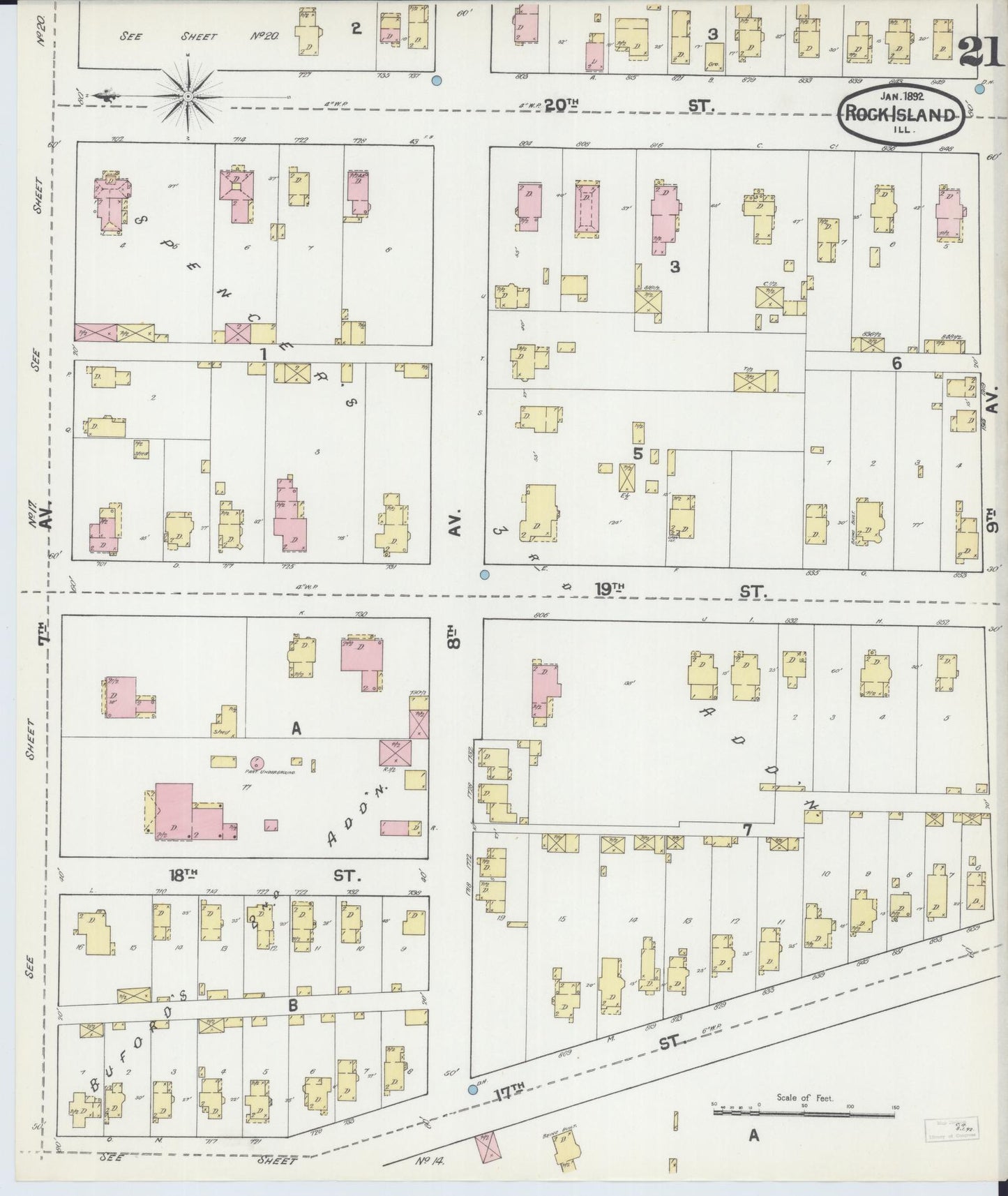 Sanborn Fire Insurance Map from Rock Island, Rock Island County, Illinois (1892), Sheet #0021 - Historic Sanborn Fire Insurance Map Print, vintage old map wall art, antique decor, genealogy gift, Illinois Illinois map