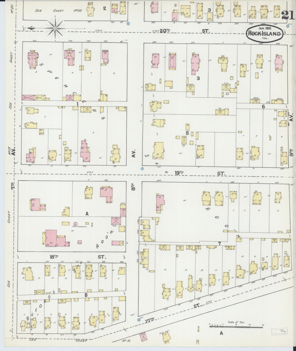 Sanborn Fire Insurance Map from Rock Island, Rock Island County, Illinois (1892), Sheet #0021 - Historic Sanborn Fire Insurance Map Print, vintage old map wall art, antique decor, genealogy gift, Illinois Illinois map