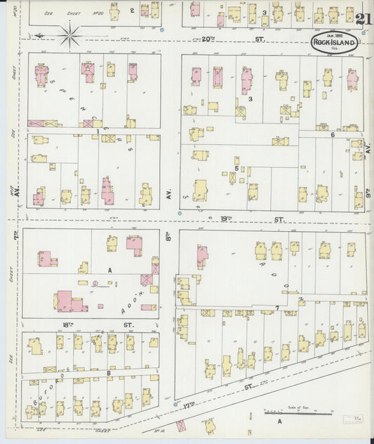 Sanborn Fire Insurance Map from Rock Island, Rock Island County, Illinois (1892), Sheet #0021 - Historic Sanborn Fire Insurance Map Print, vintage old map wall art, antique decor, genealogy gift, Illinois Illinois map