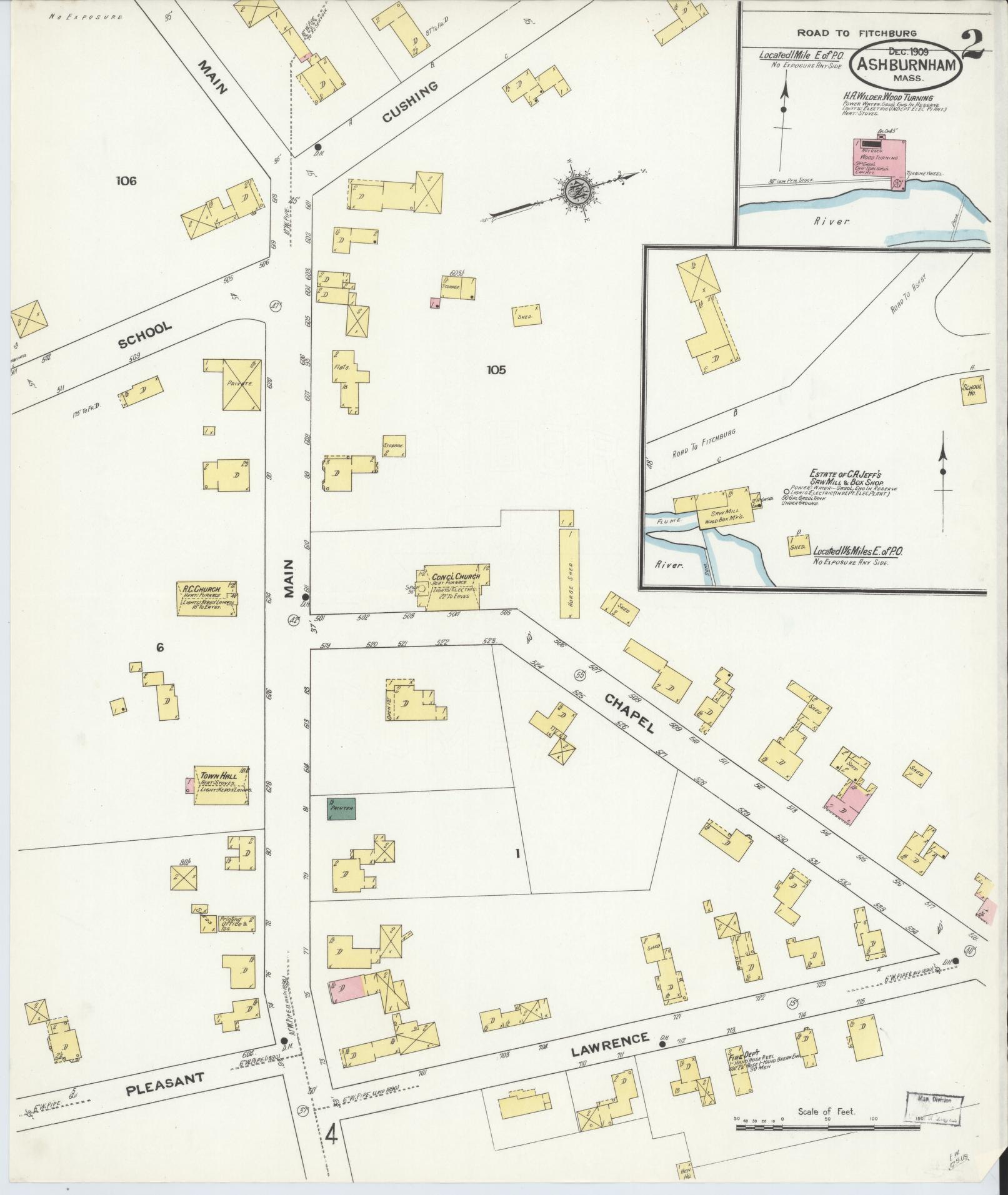 Sanborn Fire Insurance Map from Ashburnham, Worcester County, Massachusetts (1909), Sheet #0002 - Historic Sanborn Fire Insurance Map Print, vintage old map wall art, antique decor, genealogy gift, Massachusetts Massachusetts map