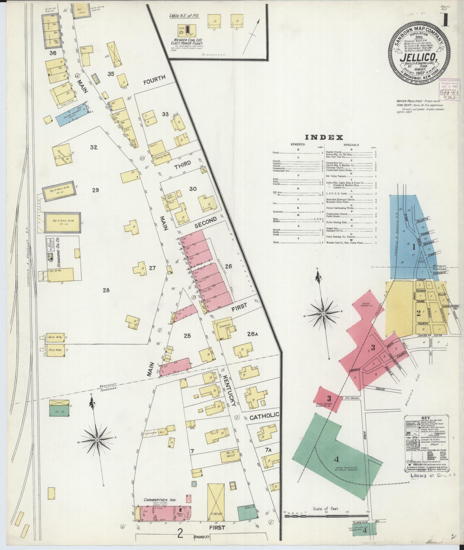 Sanborn Fire Insurance Map from Jellico, Whitley County, Ky., and Campbell County, Tenna, Kentucky (1907), Sheet #0001 - Historic Sanborn Fire Insurance Map Print, vintage old map wall art, antique decor, genealogy gift, Kentucky Kentucky map