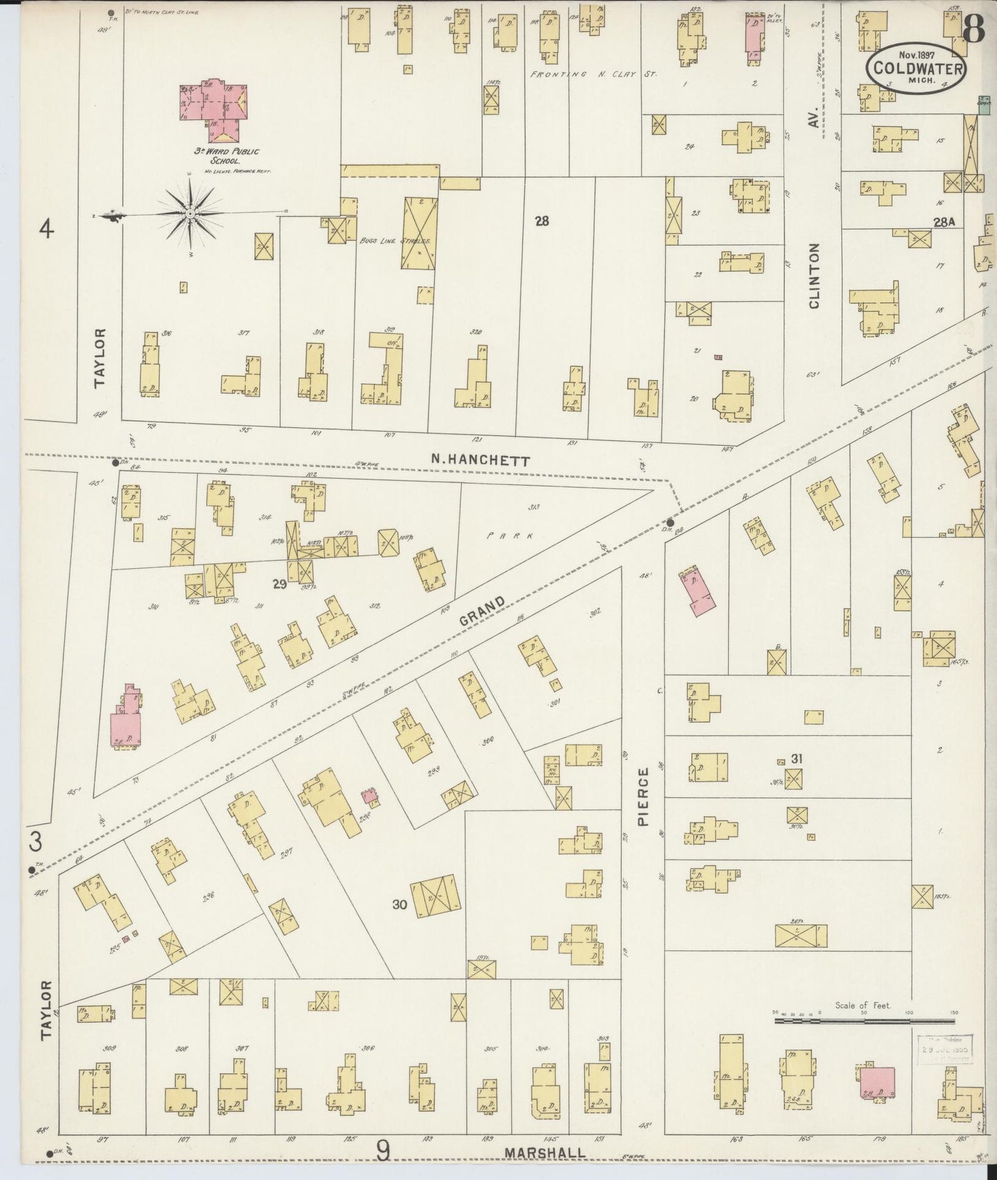 Sanborn Fire Insurance Map from Coldwater, Branch County, Michigan (1897), Sheet #0008 - Historic Sanborn Fire Insurance Map Print, vintage old map wall art, antique decor, genealogy gift, Michigan Michigan map