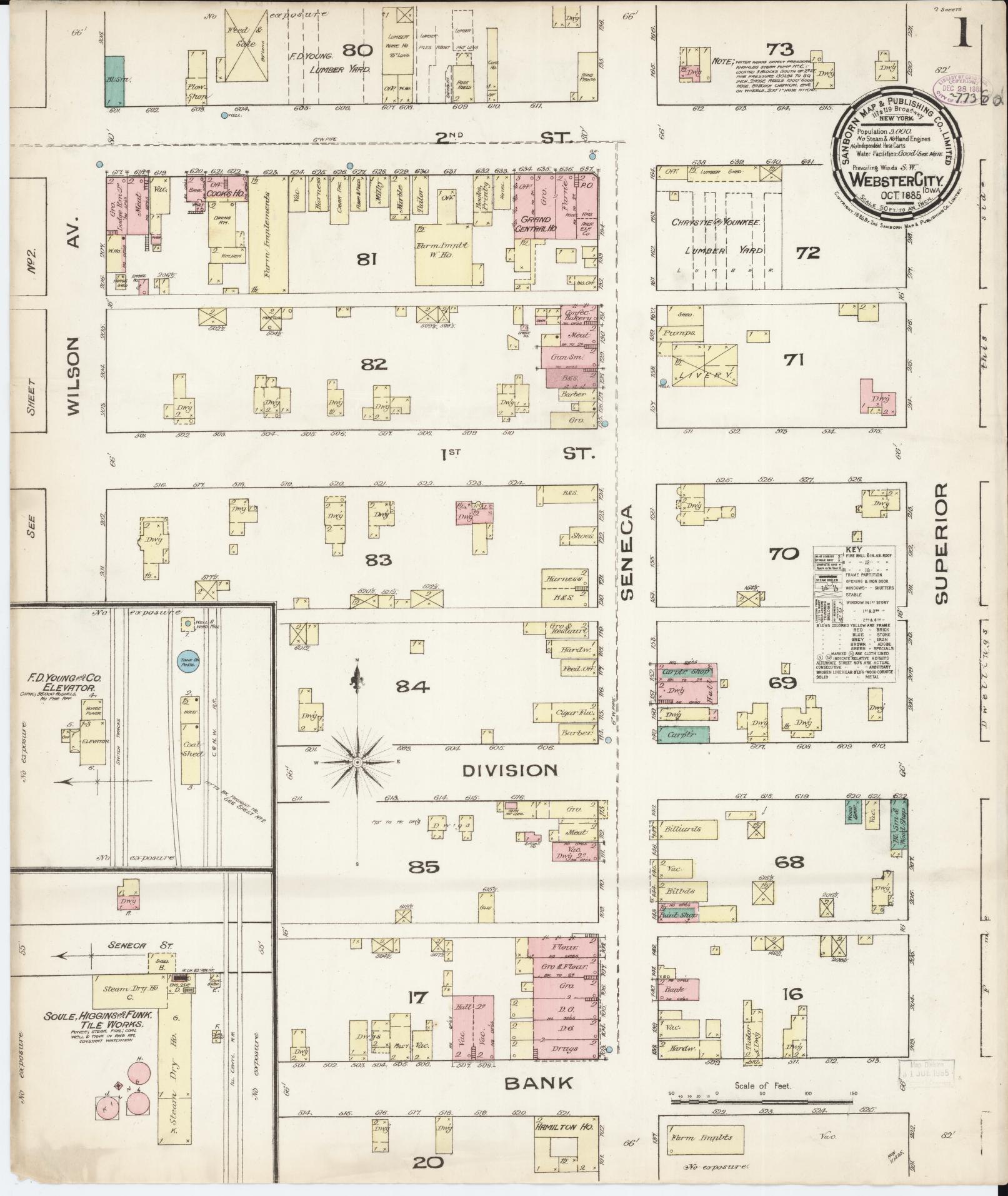 Sanborn Fire Insurance Map from Webster City, Hamilton County, Iowa (1885), Sheet #0001 - Historic Sanborn Fire Insurance Map Print, vintage old map wall art