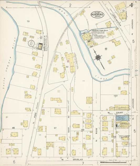 Sanborn Fire Insurance Map from Roseburg, Douglas County, Oregon (1912), Sheet #0004 - Historic Sanborn Fire Insurance Map Print, vintage old map wall art, antique decor, genealogy gift, Oregon Oregon map