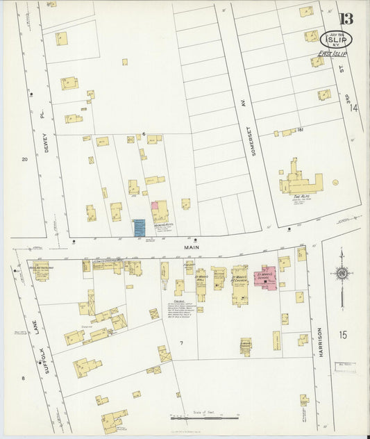 Sanborn Fire Insurance Map from Islip, Suffolk County, New York (1916), Sheet #0013 - Historic Sanborn Fire Insurance Map Print, vintage old map wall art, antique decor, genealogy gift, New York New York map