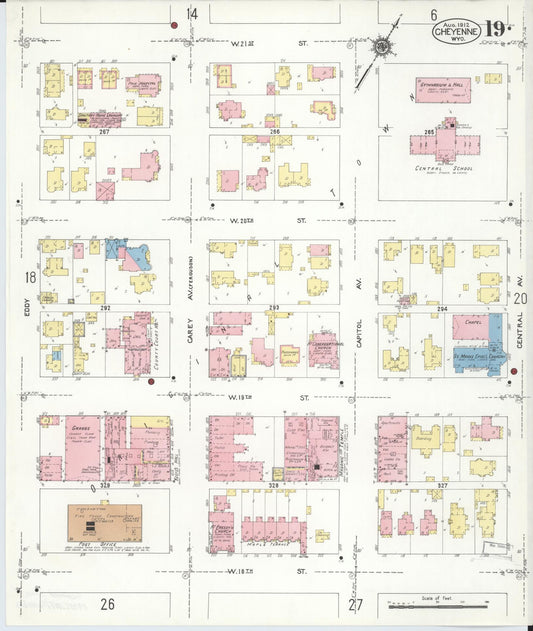 Sanborn Fire Insurance Map from Cheyenne, Laramie County, Wyoming (1912), Sheet #0019 - Historic Sanborn Fire Insurance Map Print, vintage old map wall art, antique decor, genealogy gift, Wyoming Wyoming map