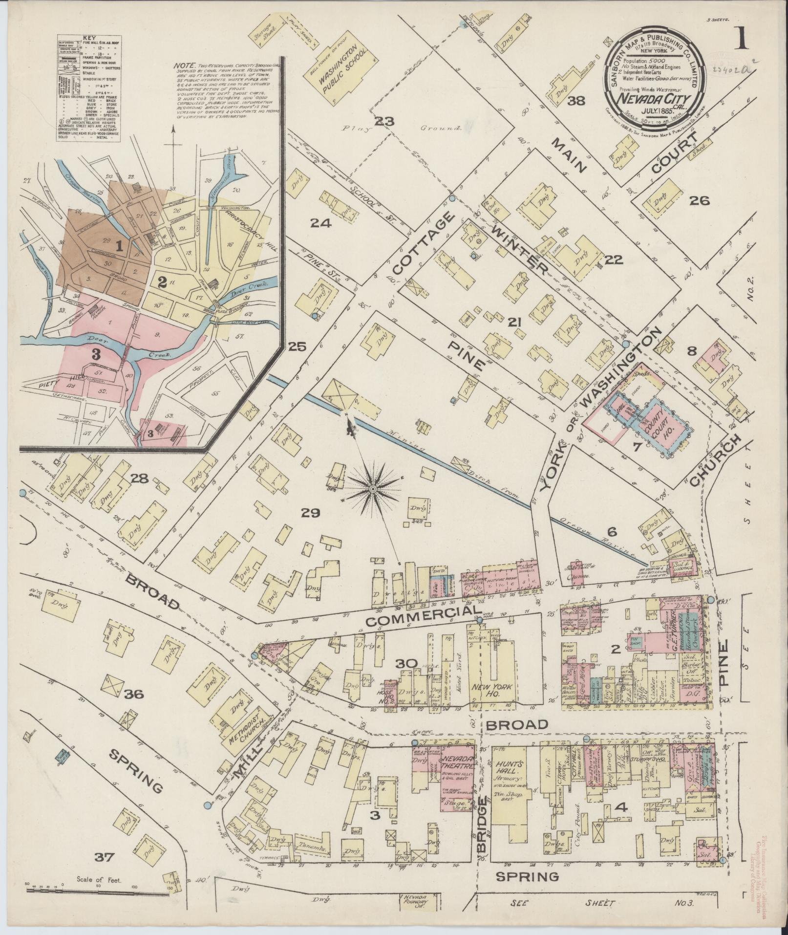 Sanborn Fire Insurance Map from Nevada City, Nevada County, California (1885), Sheet #0001 - Historic Sanborn Fire Insurance Map Print, vintage old map wall art, antique decor, genealogy gift, Nevada City Nevada map