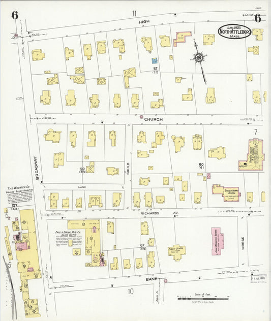 Sanborn Fire Insurance Map from North Attleborough, Bristol County, Massachusetts (1924), Sheet #0006 - Historic Sanborn Fire Insurance Map Print, vintage old map wall art, antique decor, genealogy gift, Massachusetts Massachusetts map