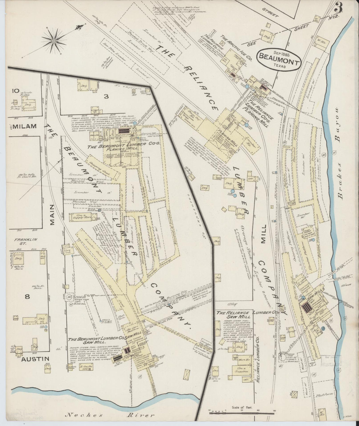 Sanborn Fire Insurance Map from Beaumont, Jefferson County, Texas (1885), Sheet #0003 - Complete Map Set gallery image, historic Sanborn map, vintage wall art, Texas Texas