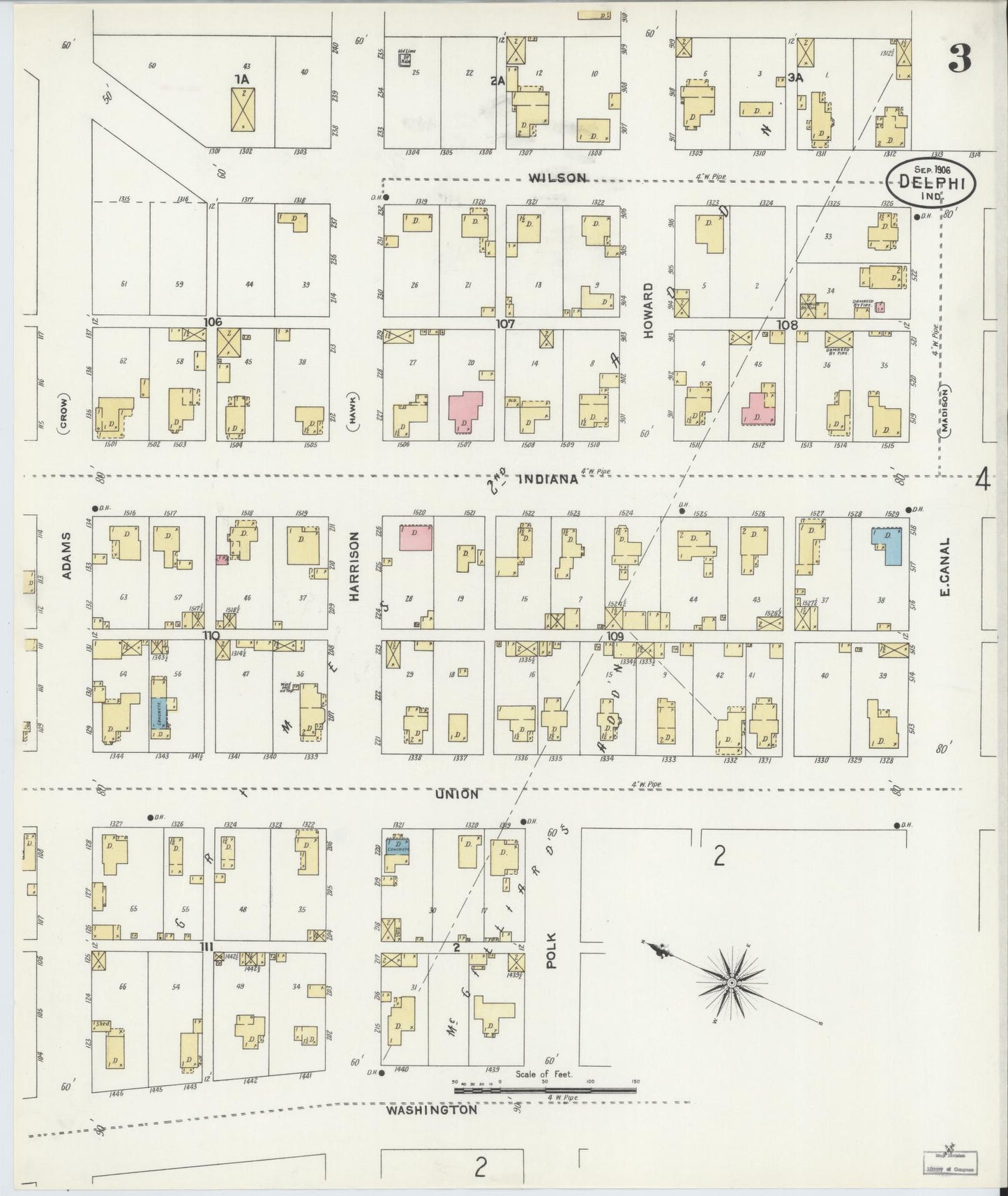 Sanborn Fire Insurance Map from Delphi, Carroll County, Indiana (1906), Sheet #0003 - Historic Sanborn Fire Insurance Map Print, vintage old map wall art, antique decor, genealogy gift, Indiana Indiana map