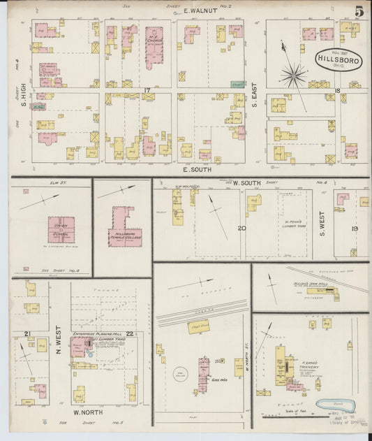 Sanborn Fire Insurance Map from Hillsboro, Highland County, Ohio (1887), Sheet #0005 - Historic Sanborn Fire Insurance Map Print, vintage old map wall art, antique decor, genealogy gift, Ohio Ohio map