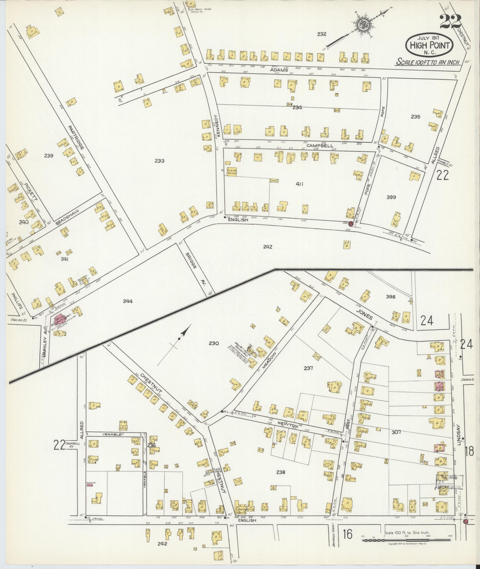 Sanborn Fire Insurance Map from High Point, Guilford County, North Carolina (1917), Sheet #0022 - Historic Sanborn Fire Insurance Map Print, vintage old map wall art, antique decor, genealogy gift, North Carolina North Carolina map