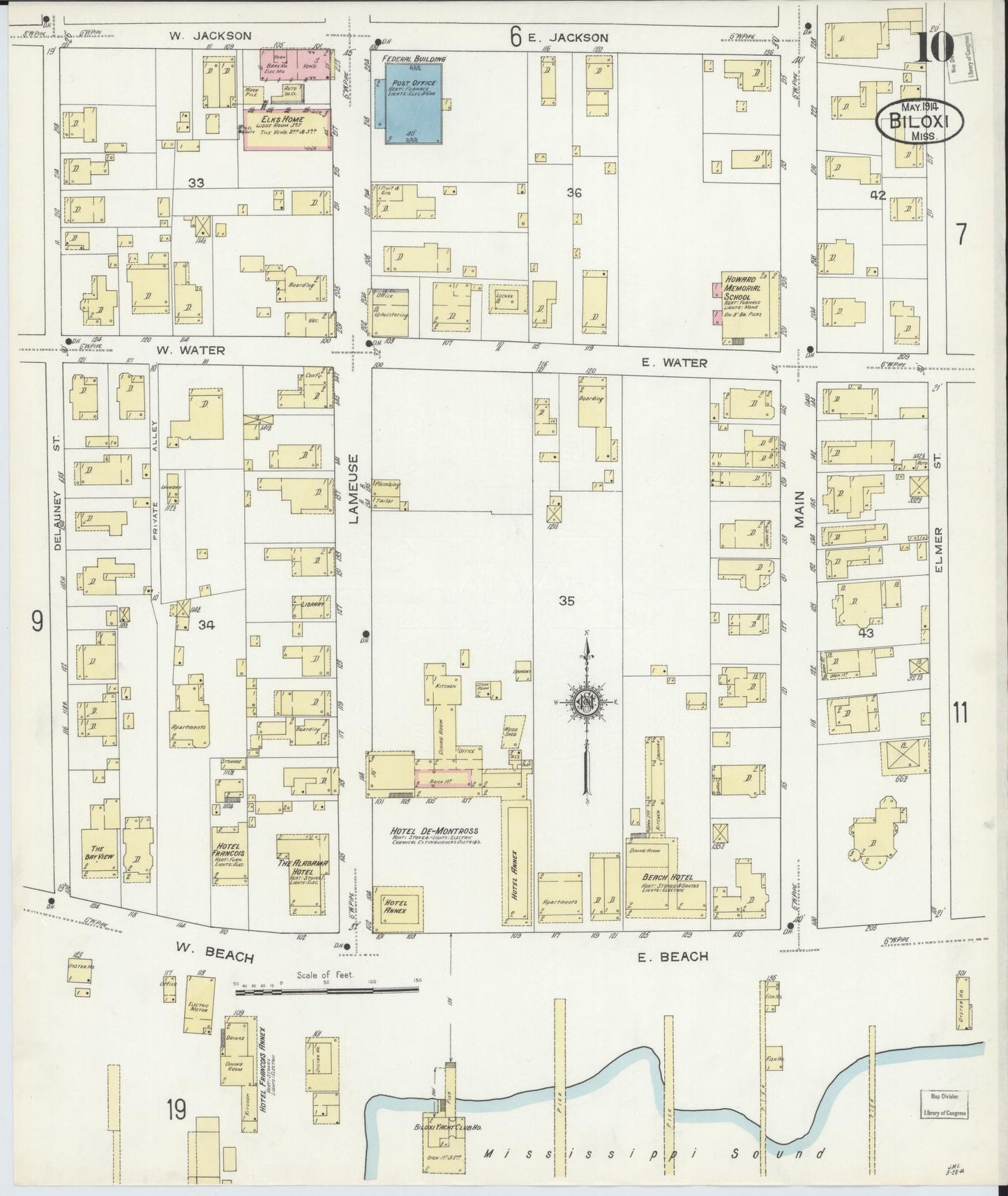 Sanborn Fire Insurance Map from Biloxi, Harrison County, Mississippi (1914), Sheet #0010 - Complete Map Set gallery image, historic Sanborn map, vintage wall art, Mississippi Mississippi