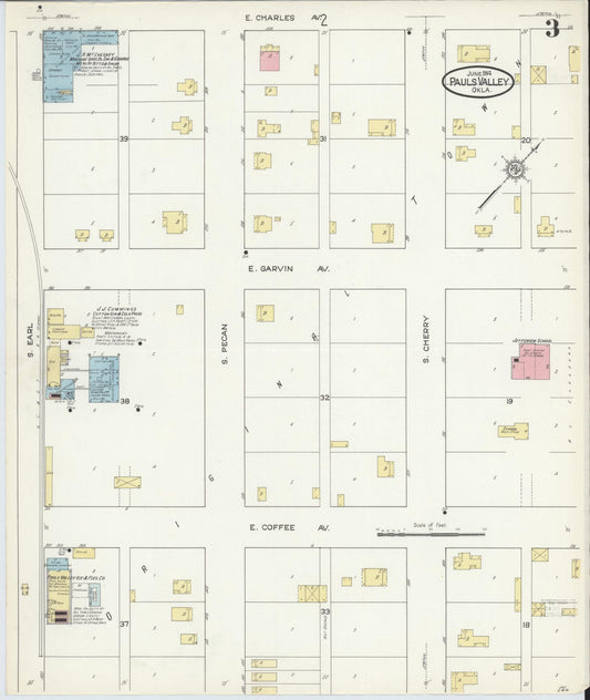 Sanborn Fire Insurance Map from Pauls Valley, Garvin County, Oklahoma (1914), Sheet #0003 - Historic Sanborn Fire Insurance Map Print, vintage old map wall art, antique decor, genealogy gift, Oklahoma Oklahoma map