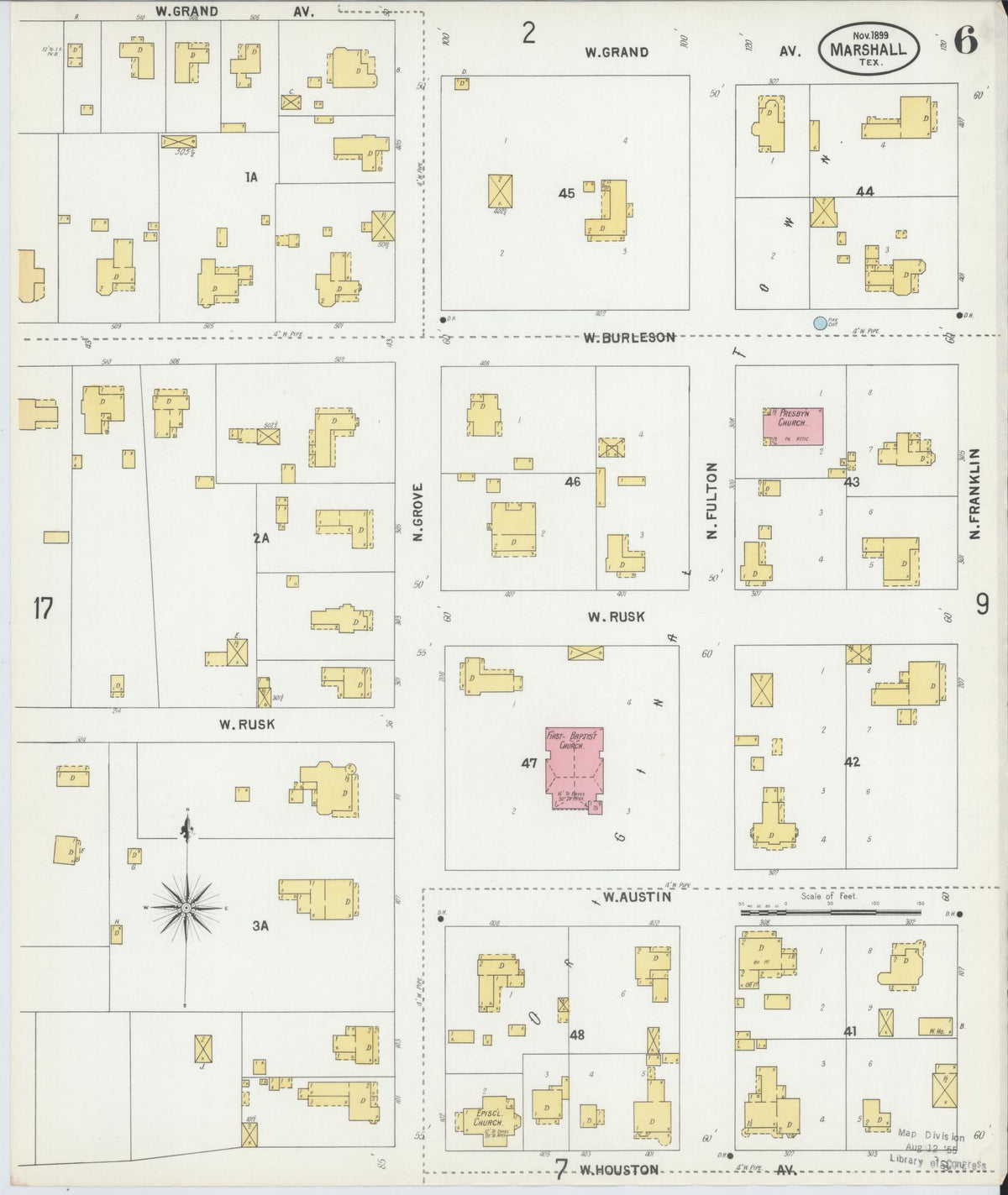 Sanborn Fire Insurance Map from Marshall, Harrison County, Texas (1899), Sheet #0006 - Complete Map Set gallery image, historic Sanborn map, vintage wall art, Texas Texas