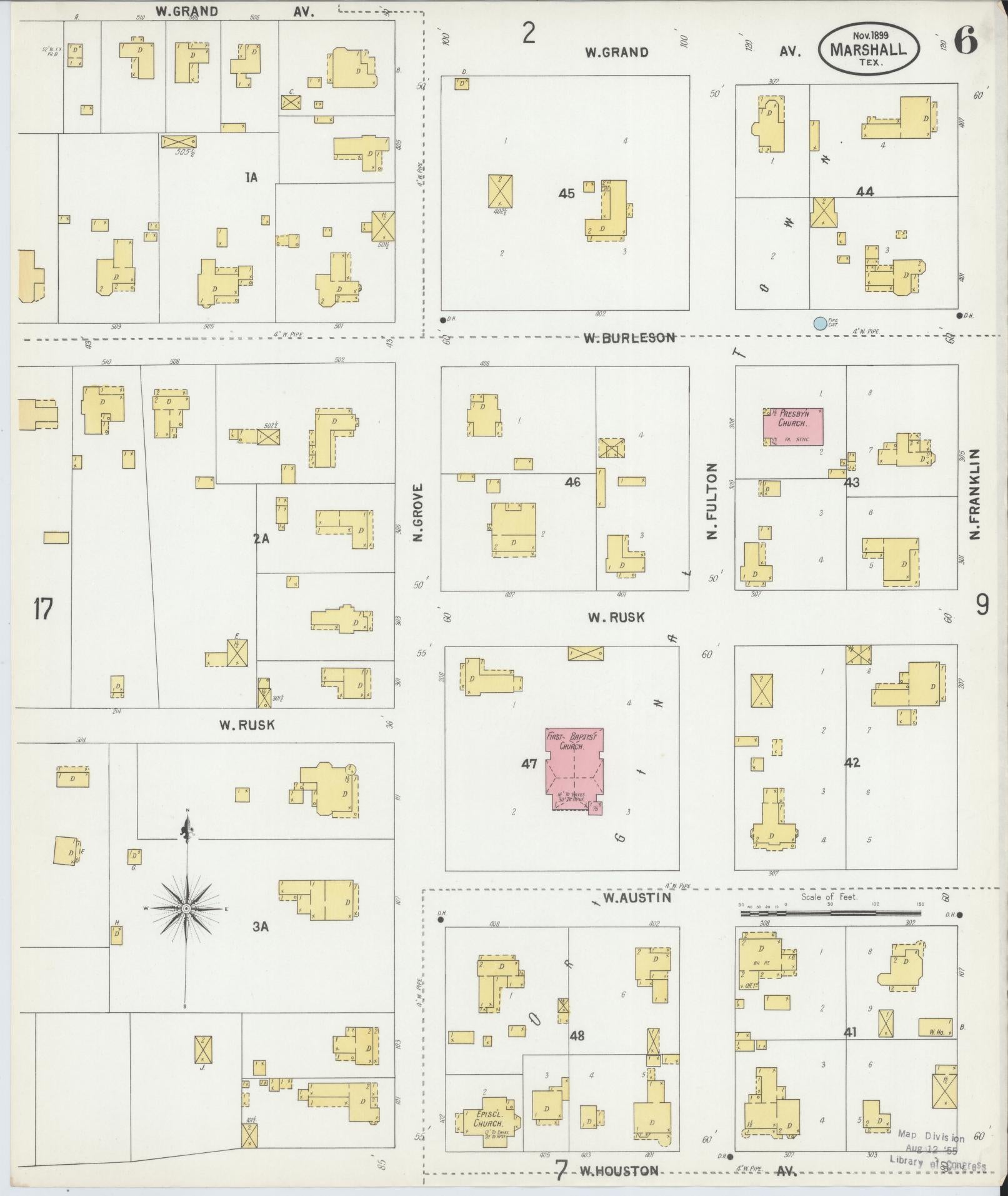 Sanborn Fire Insurance Map from Marshall, Harrison County, Texas (1899), Sheet #0006 - Complete Map Set gallery image, historic Sanborn map, vintage wall art, Texas Texas