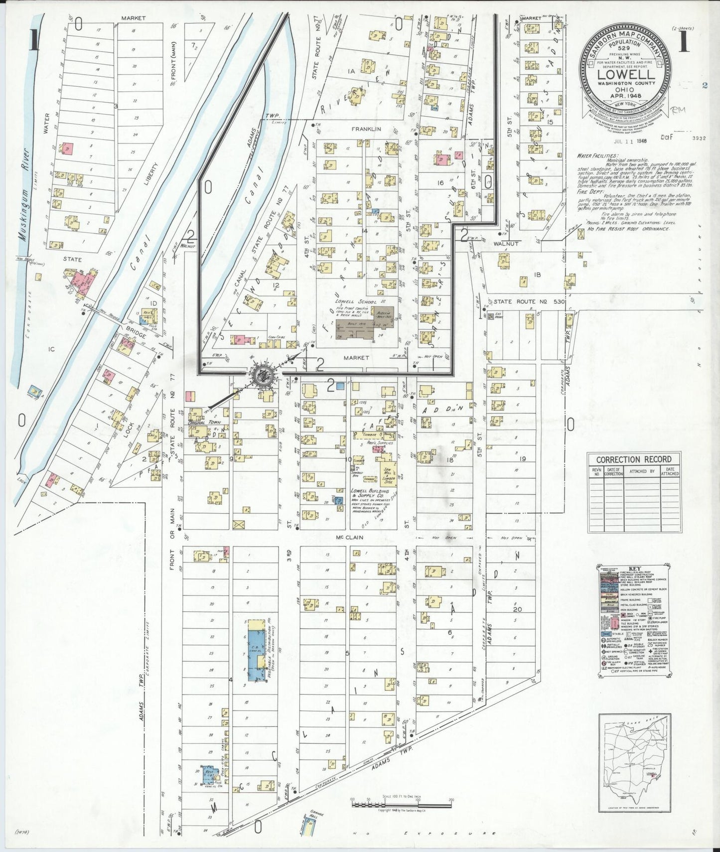Sanborn Fire Insurance Map from Lowell, Washington County, Ohio (1948), Sheet #0001 - Historic Sanborn Fire Insurance Map Print, vintage old map wall art, antique decor, genealogy gift, Ohio Ohio map