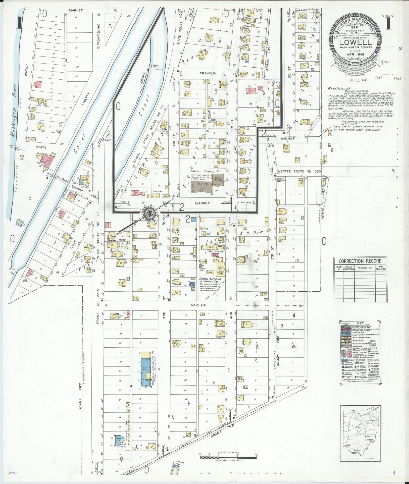 Sanborn Fire Insurance Map from Lowell, Washington County, Ohio (1948), Sheet #0001 - Historic Sanborn Fire Insurance Map Print, vintage old map wall art, antique decor, genealogy gift, Ohio Ohio map