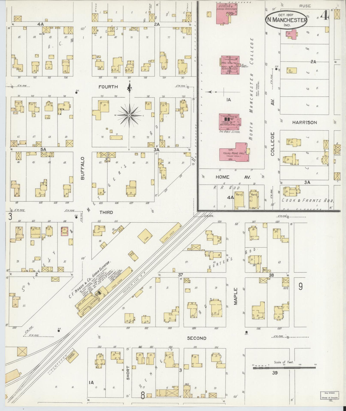 Sanborn Fire Insurance Map from North Manchester, Wabash County, Indiana (1907), Sheet #0004 - Complete Map Set gallery image, historic Sanborn map, vintage wall art, Indiana Indiana