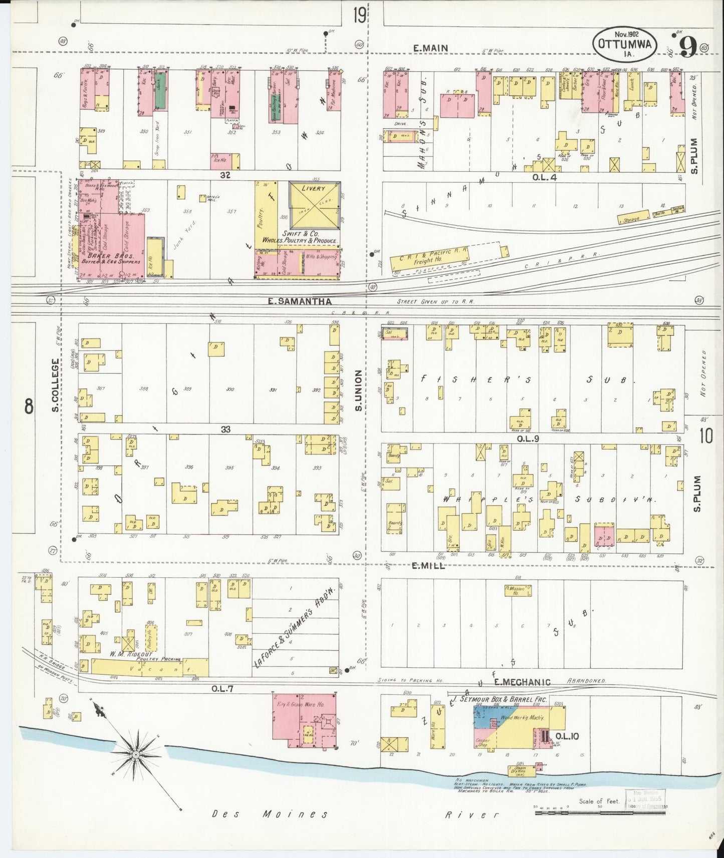 Sanborn Fire Insurance Map from Ottumwa, Wapello County, Iowa (1902), Sheet #0009 - Historic Sanborn Fire Insurance Map Print, vintage old map wall art
