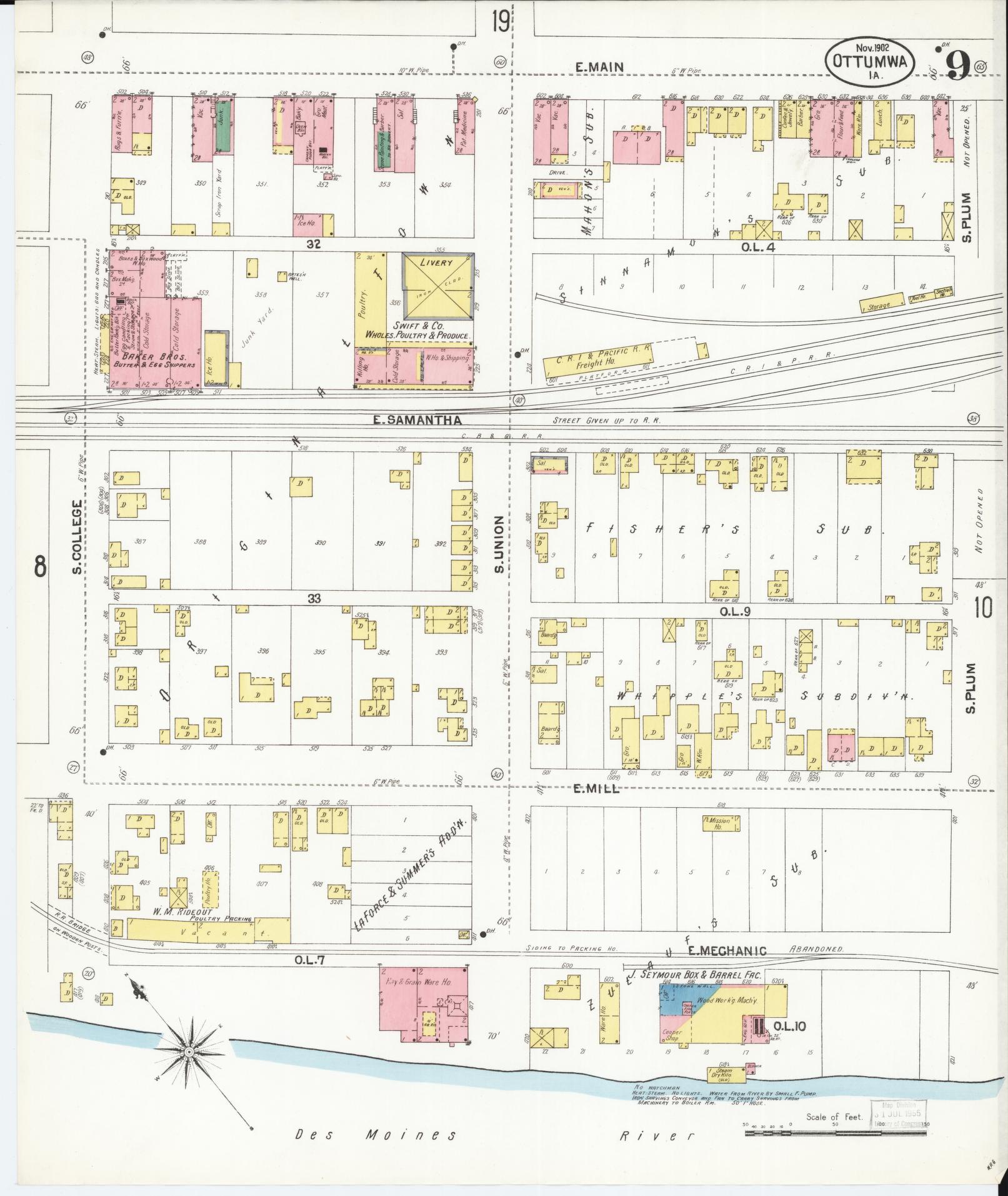 Sanborn Fire Insurance Map from Ottumwa, Wapello County, Iowa (1902), Sheet #0009 - Historic Sanborn Fire Insurance Map Print, vintage old map wall art
