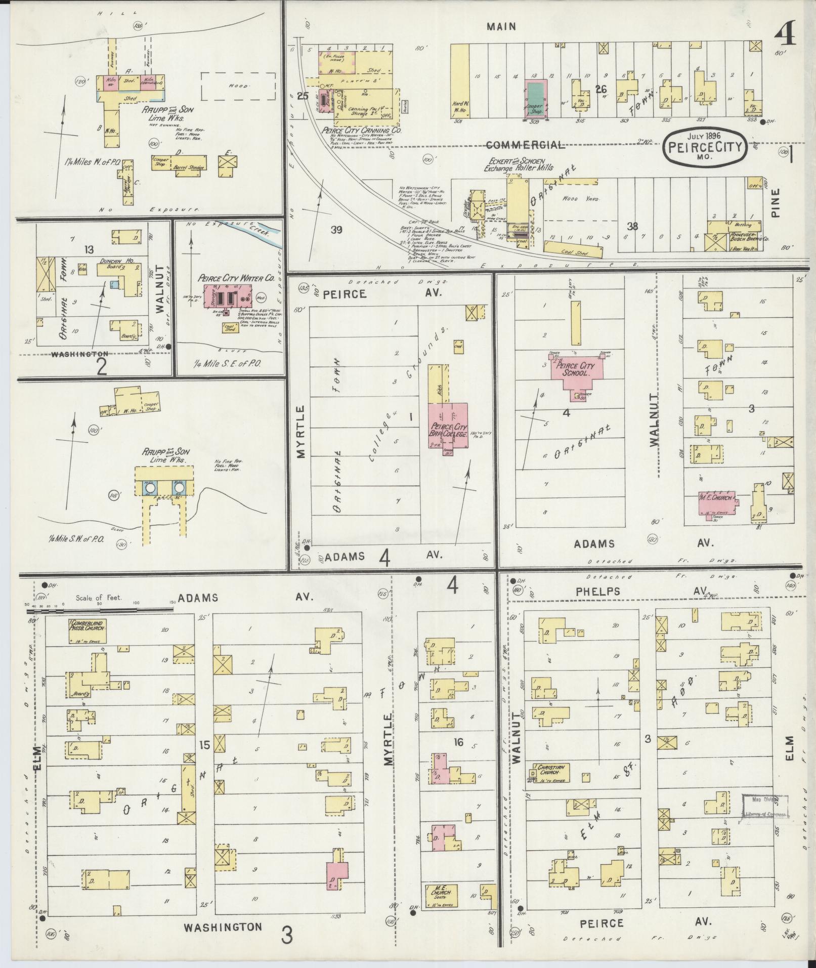 Sanborn Fire Insurance Map from Pierce City, Lawrence County, Missouri (1896), Sheet #0004 - Historic Sanborn Fire Insurance Map Print, vintage old map wall art, antique decor, genealogy gift, Missouri Missouri map