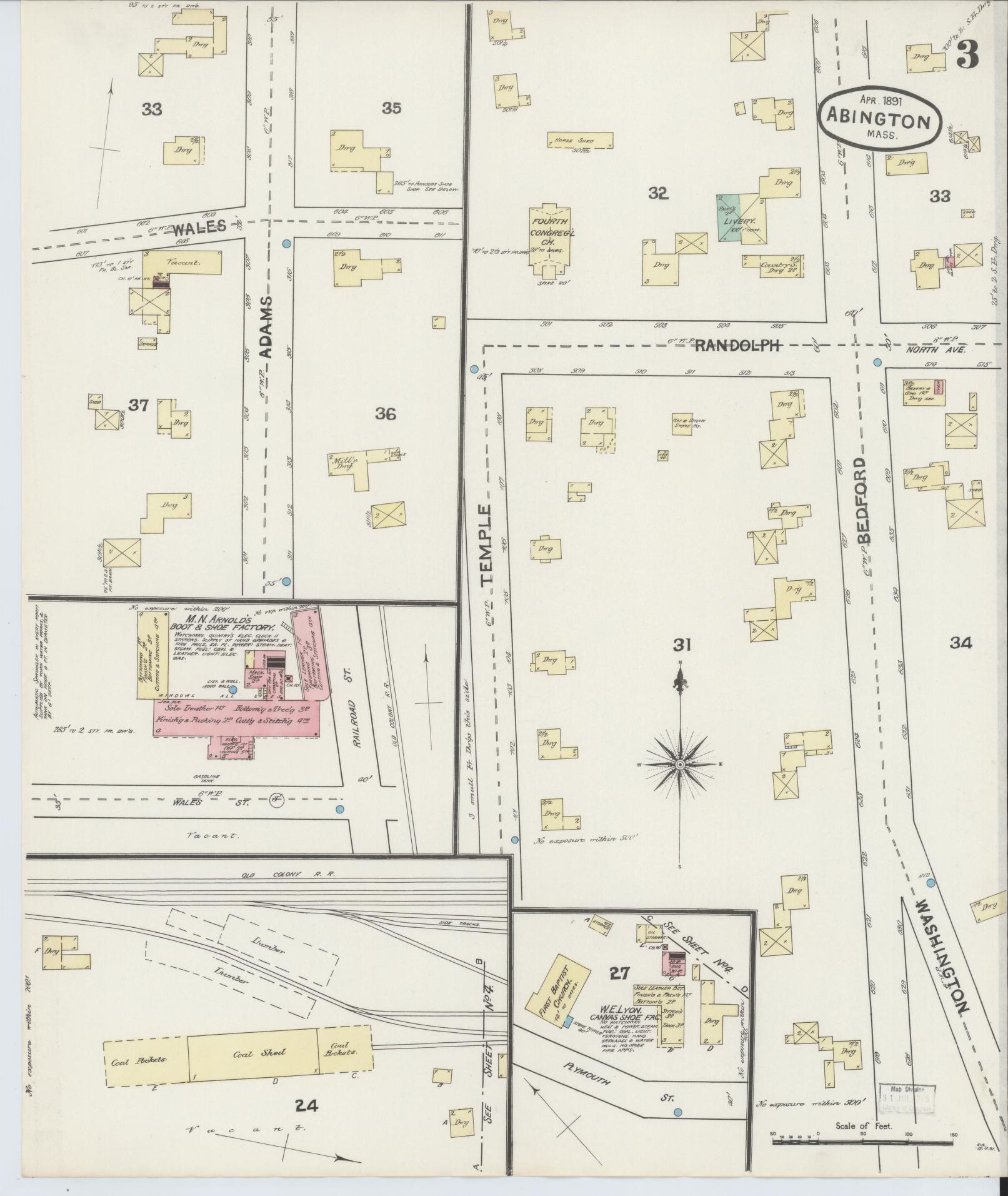 Sanborn Fire Insurance Map from Abington, Plymouth County, Massachusetts (1891), Sheet #0003 - Complete Map Set gallery image, historic Sanborn map, vintage wall art, Massachusetts Massachusetts