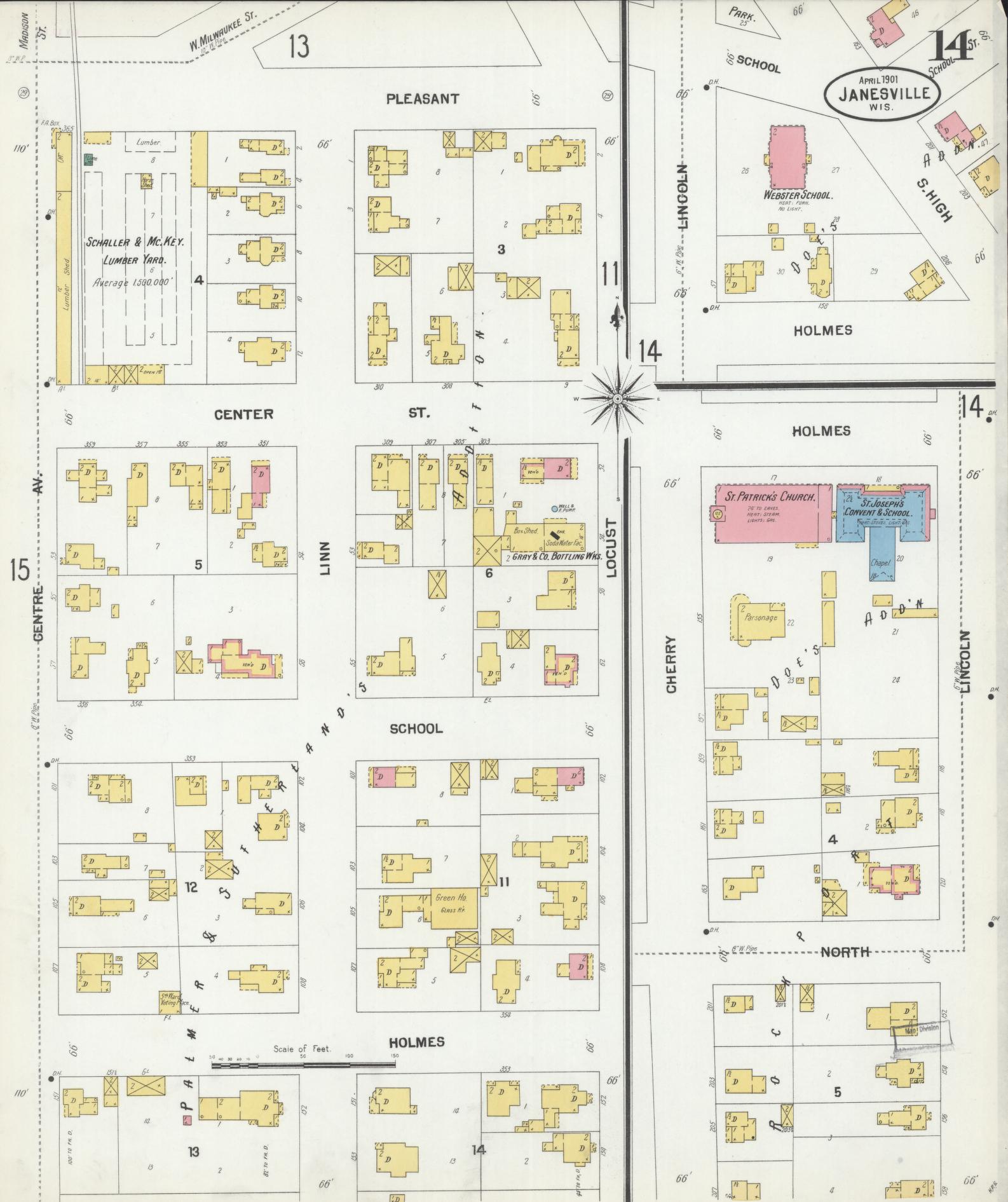 Sanborn Fire Insurance Map from Janesville, Rock County, Wisconsin (1901), Sheet #0014 - Complete Map Set gallery image, historic Sanborn map, vintage wall art, Wisconsin Wisconsin