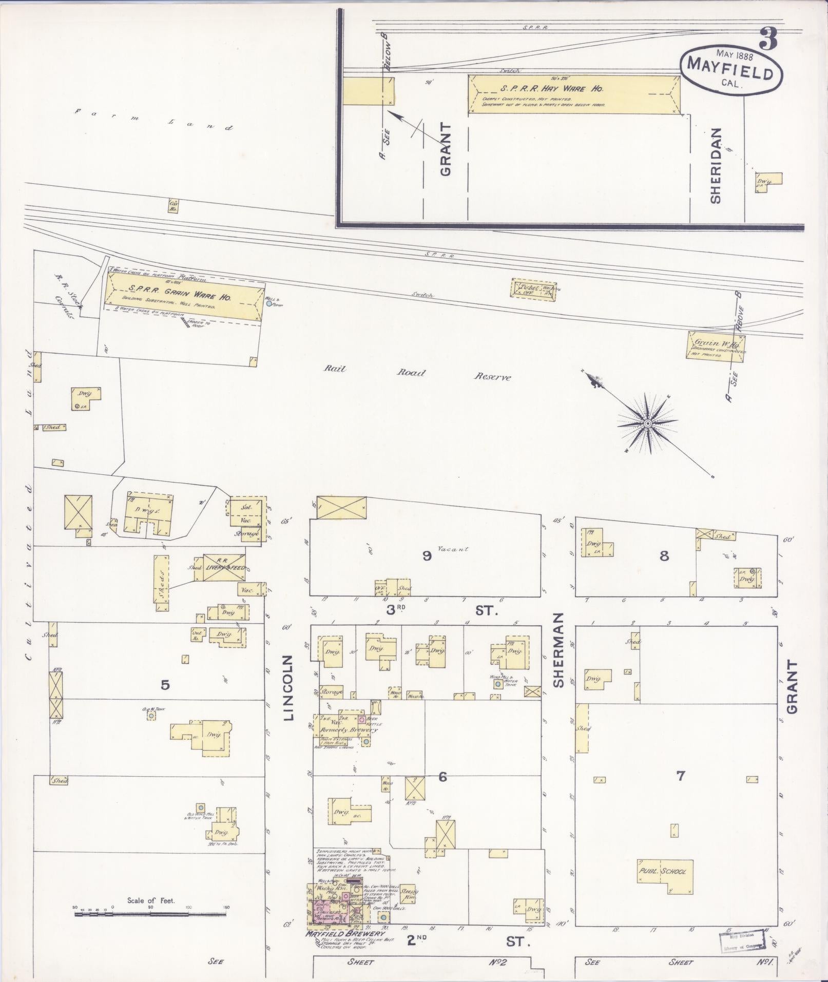 Sanborn Fire Insurance Map from Mayfield, Santa Clara County, California (1888), Sheet #0003 - Historic Sanborn Fire Insurance Map Print, vintage old map wall art, antique decor, genealogy gift, California California map