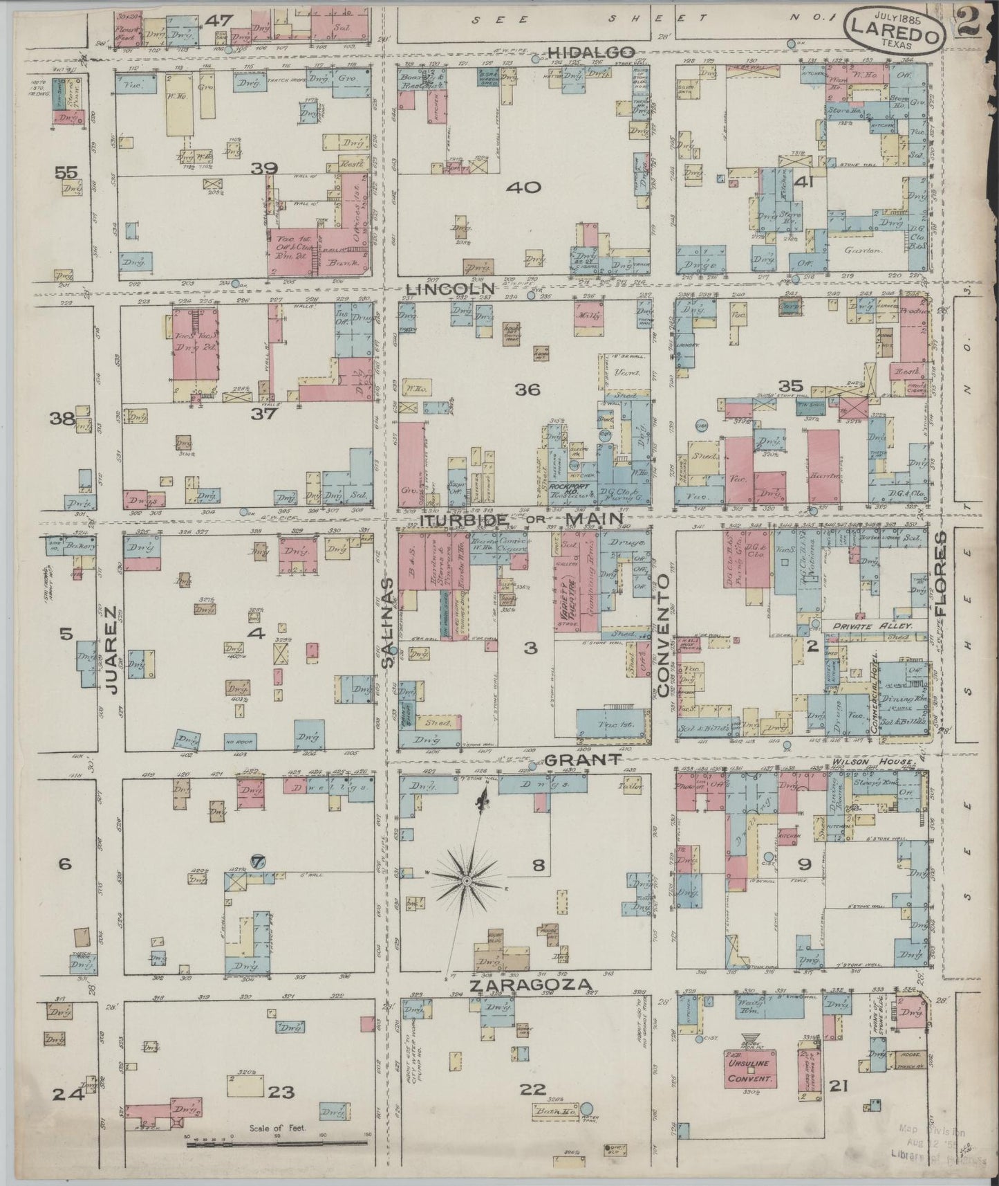 Sanborn Fire Insurance Map from Laredo, Webb County, Texas (1885), Sheet #0002 - Historic Sanborn Fire Insurance Map Print, vintage old map wall art, antique decor, genealogy gift, Texas Texas map
