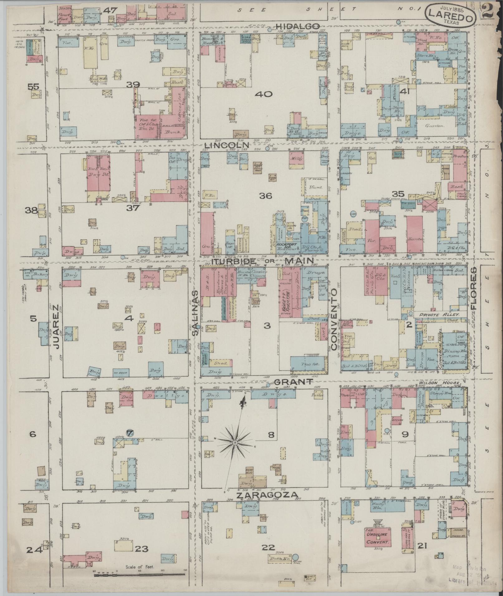 Sanborn Fire Insurance Map from Laredo, Webb County, Texas (1885), Sheet #0002 - Historic Sanborn Fire Insurance Map Print, vintage old map wall art, antique decor, genealogy gift, Texas Texas map
