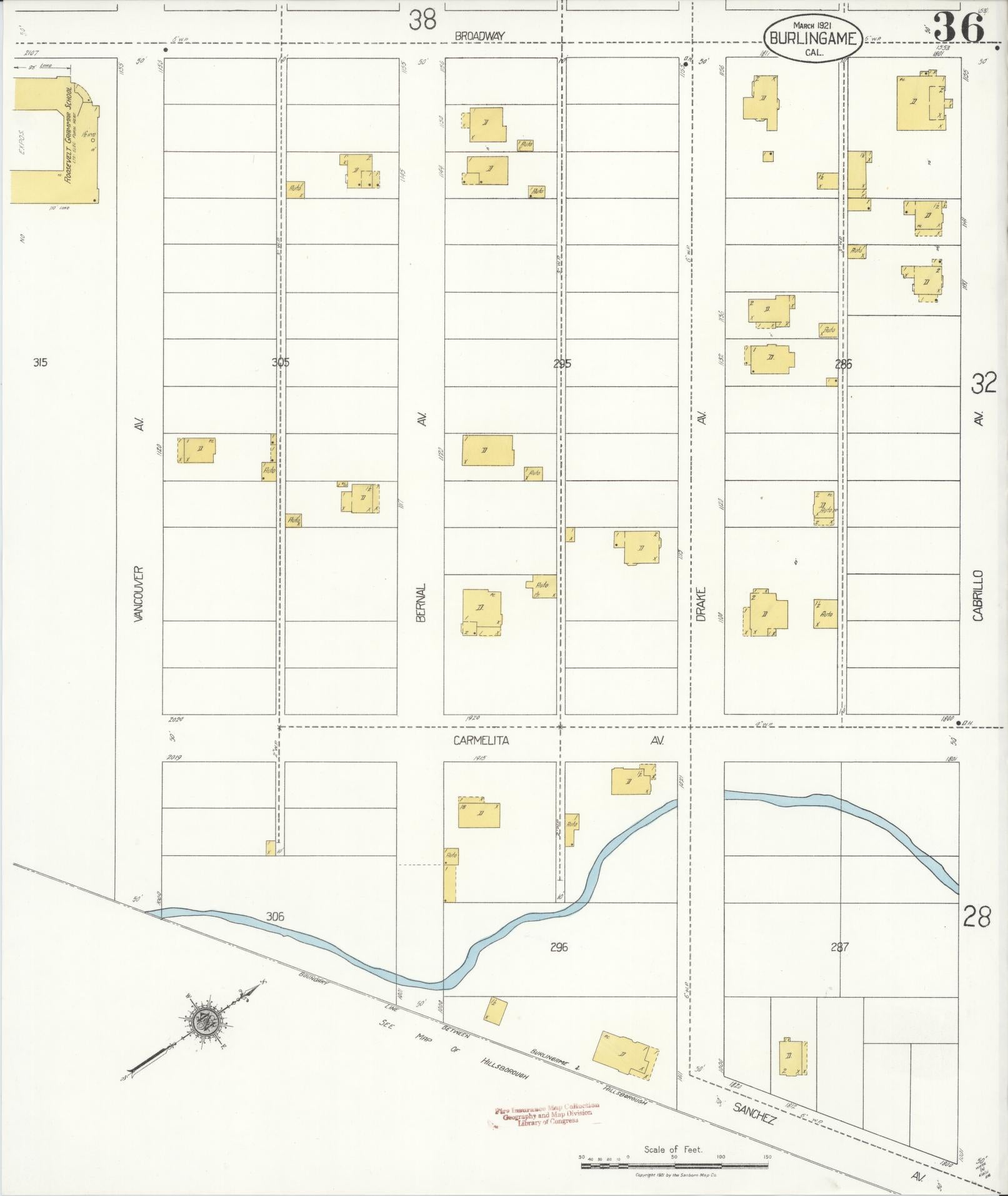 Sanborn Fire Insurance Map from Burlingame, San Mateo County, California (1921), Sheet #0036 - Complete Map Set gallery image, historic Sanborn map, vintage wall art, California California