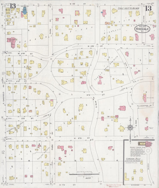 Sanborn Fire Insurance Map from Hinsdale, Du Page And Cook Counties, Illinois (1927), Sheet #0013 - Historic Sanborn Fire Insurance Map Print, vintage old map wall art, antique decor, genealogy gift, Illinois Illinois map