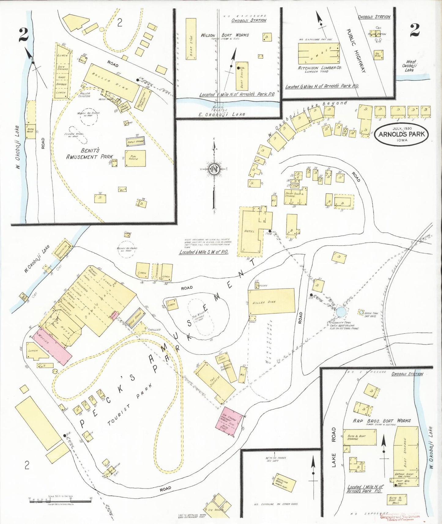 Sanborn Fire Insurance Map from Arnold's Park, Dickinson County, Iowa (1930), Sheet #0002 - Historic Sanborn Fire Insurance Map Print, vintage old map wall art
