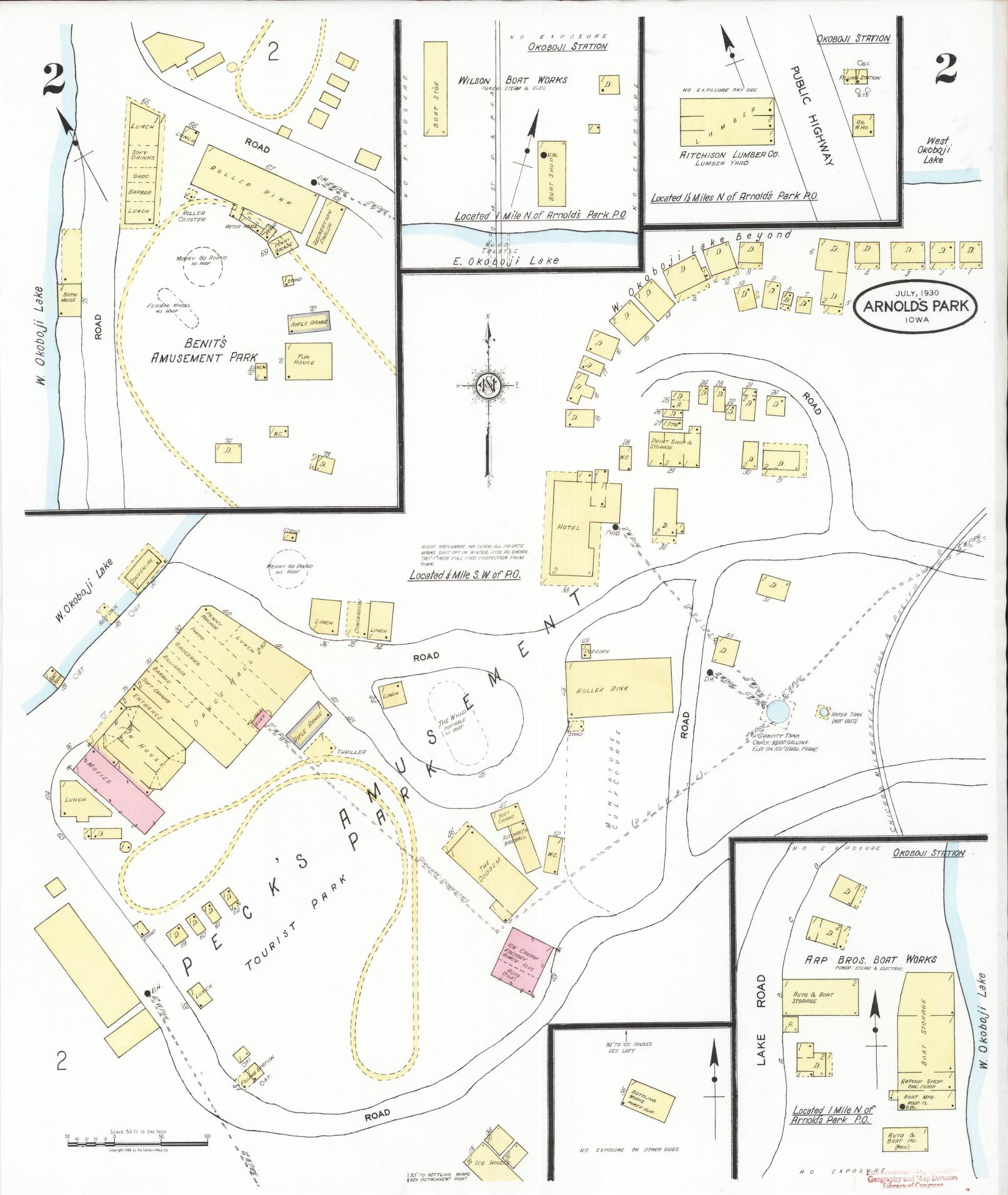 Sanborn Fire Insurance Map from Arnold's Park, Dickinson County, Iowa (1930), Sheet #0002 - Historic Sanborn Fire Insurance Map Print, vintage old map wall art