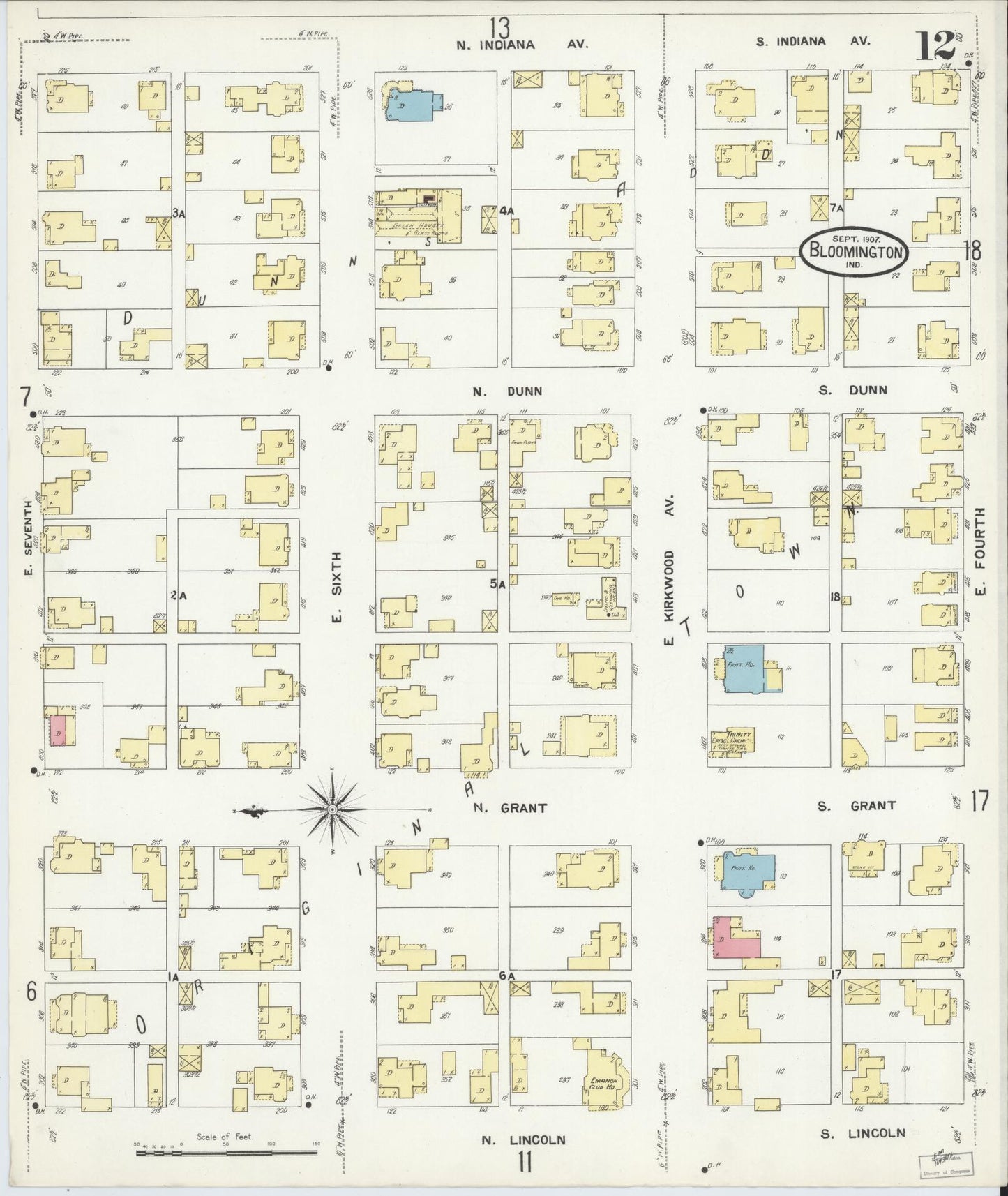 Sanborn Fire Insurance Map from Bloomington, Monroe County, Indiana (1907), Sheet #0012 - Complete Map Set gallery image, historic Sanborn map, vintage wall art, Indiana Indiana