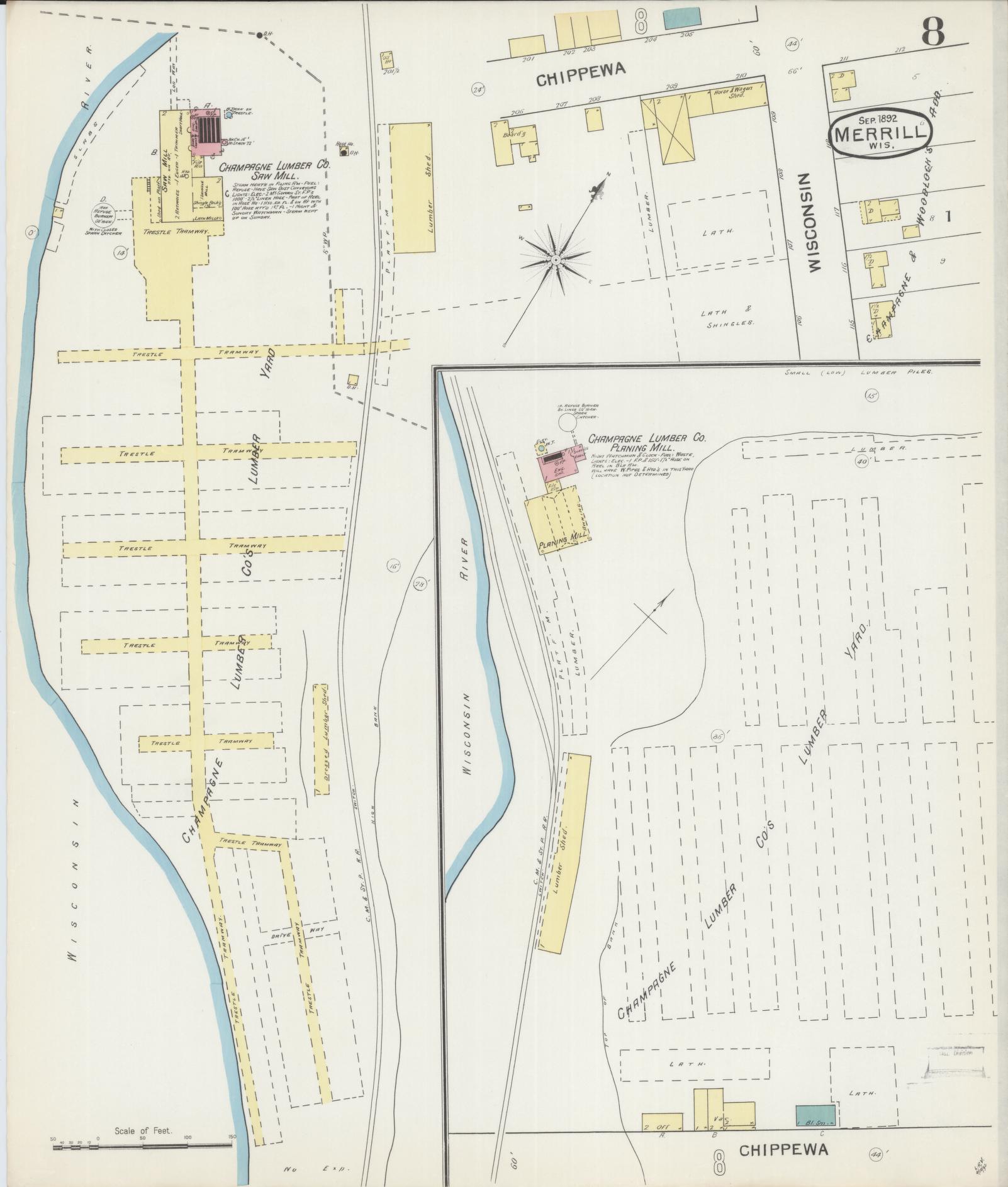 Sanborn Fire Insurance Map from Merrill, Lincoln County, Wisconsin (1892), Sheet #0008 - Complete Map Set gallery image, historic Sanborn map, vintage wall art, Wisconsin Wisconsin