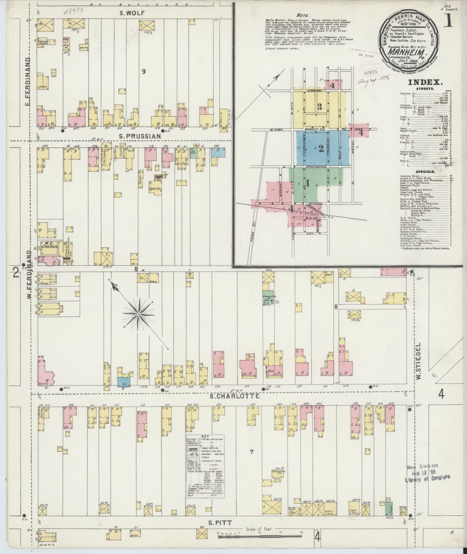 Sanborn Fire Insurance Map from Manheim, Lancaster County, Pennsylvania (1896), Sheet #0001 - Historic Sanborn Fire Insurance Map Print, vintage old map wall art, antique decor, genealogy gift, Pennsylvania Pennsylvania map