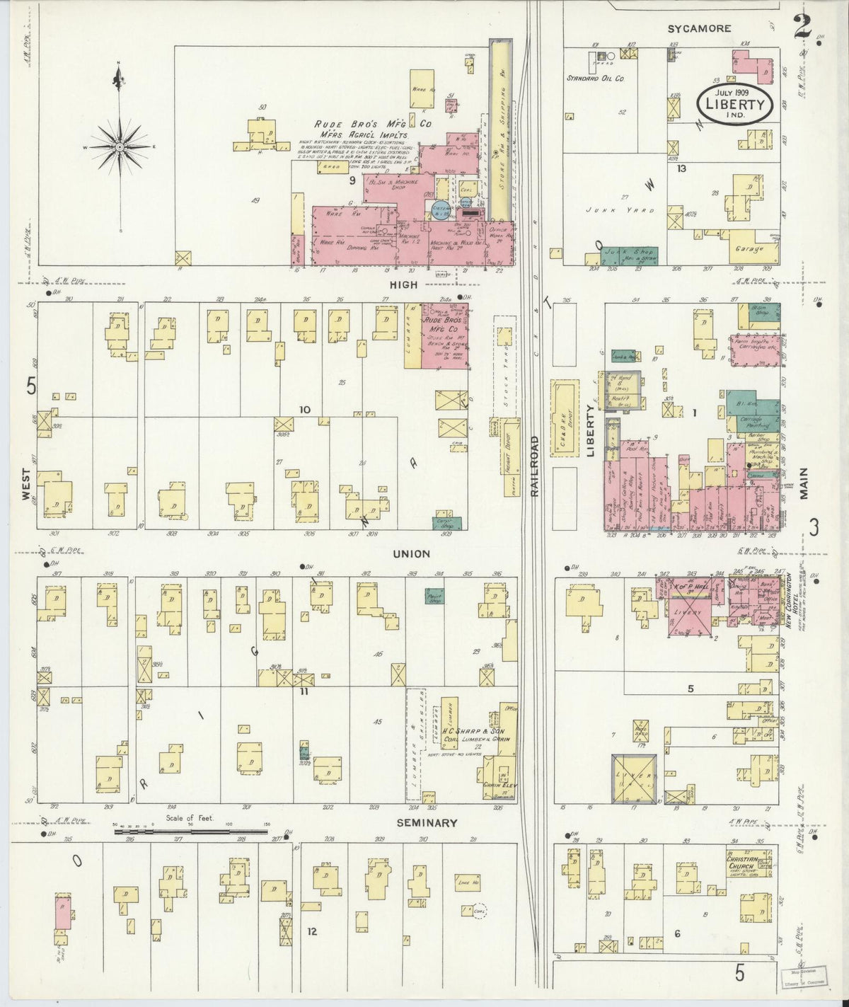 Sanborn Fire Insurance Map from Liberty, Union County, Indiana (1909), Sheet #0002 - Historic Sanborn Fire Insurance Map Print, vintage old map wall art, antique decor, genealogy gift, Indiana Indiana map