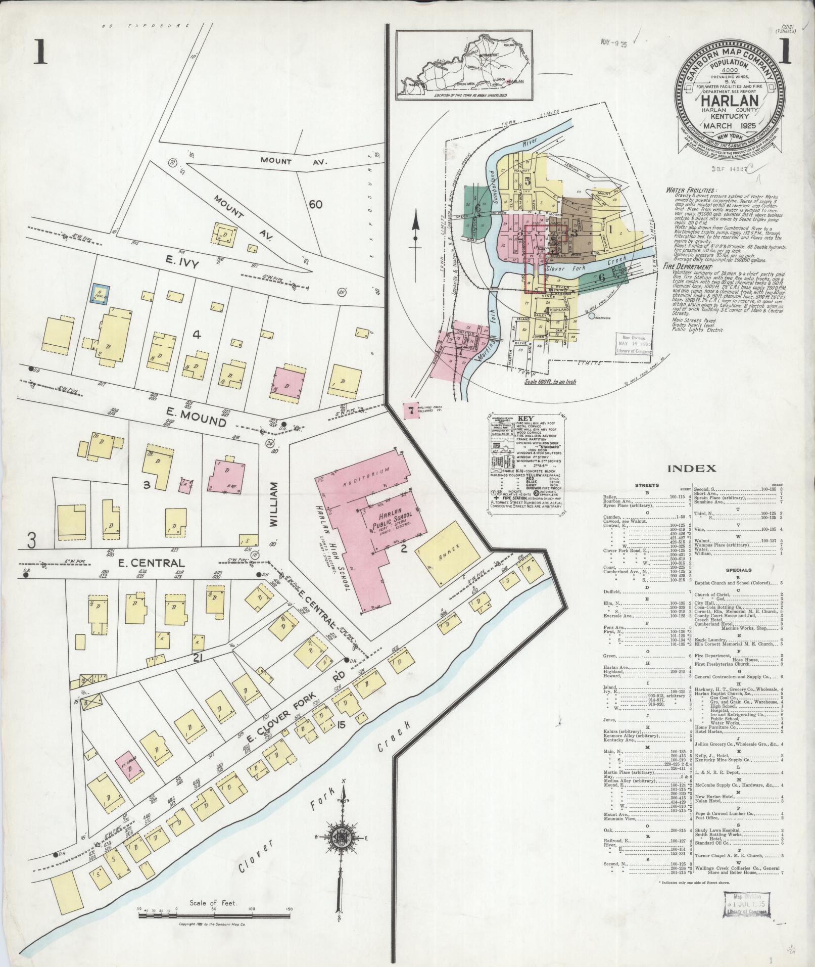 Sanborn Fire Insurance Map from Harlan, Harlan County, Kentucky (1925), Sheet #0001 - Complete Map Set gallery image, historic Sanborn map, vintage wall art, Kentucky Kentucky