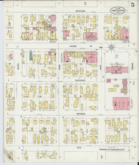 Sanborn Fire Insurance Map from Port Huron, Saint Clair County, Michigan (1898), Sheet #0005 - Historic Sanborn Fire Insurance Map Print, vintage old map wall art, antique decor, genealogy gift, Michigan Michigan map