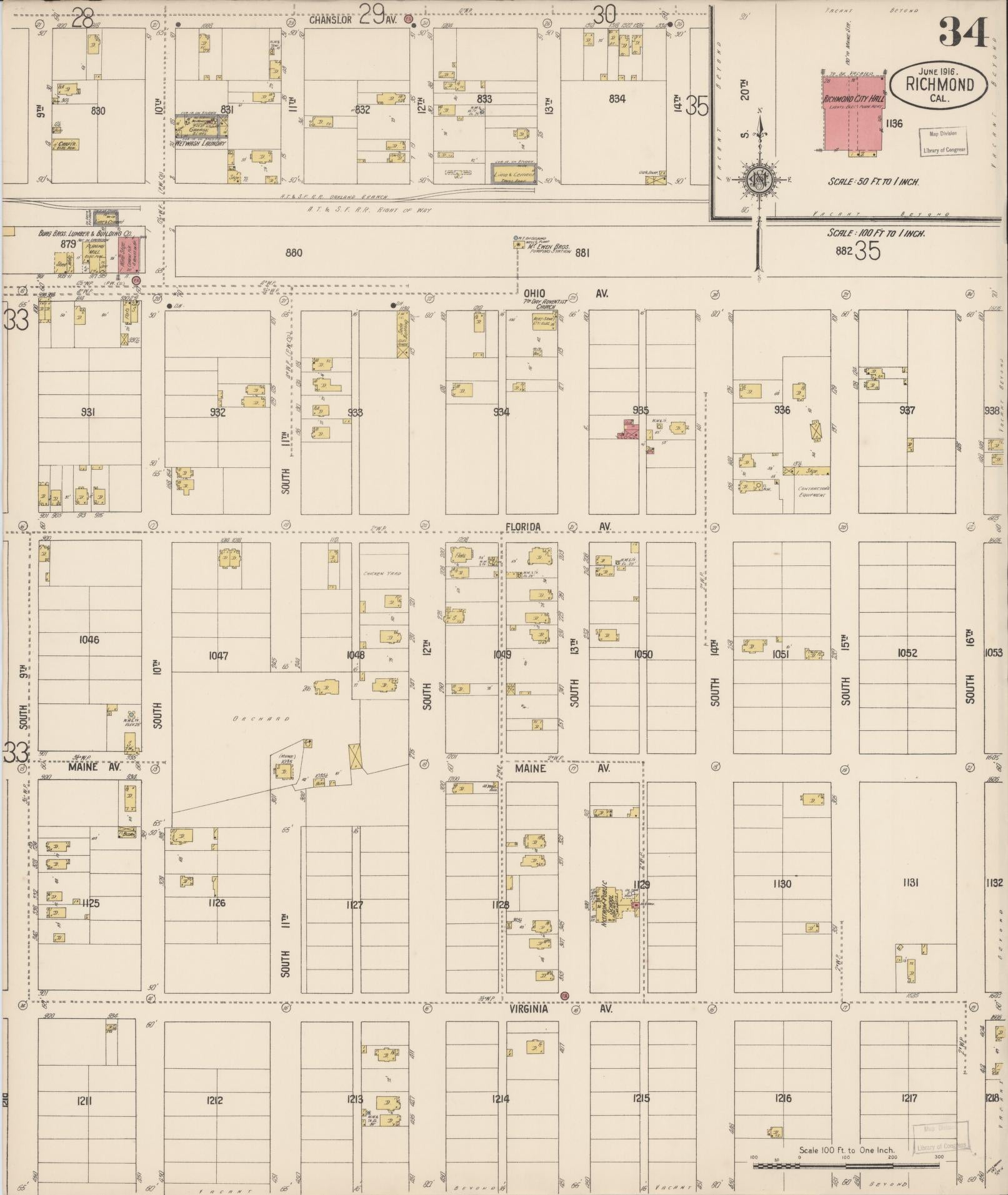Sanborn Fire Insurance Map from Richmond, Contra Costa County, California (1916), Sheet #0034 - Complete Map Set gallery image, historic Sanborn map, vintage wall art, California California