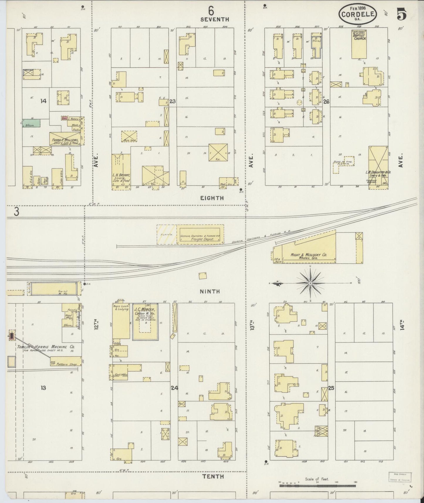 Sanborn Fire Insurance Map from Cordele, Crisp County, Georgia (1898), Sheet #0005 - Historic Sanborn Fire Insurance Map Print, vintage old map wall art, antique decor, genealogy gift, Georgia Georgia map