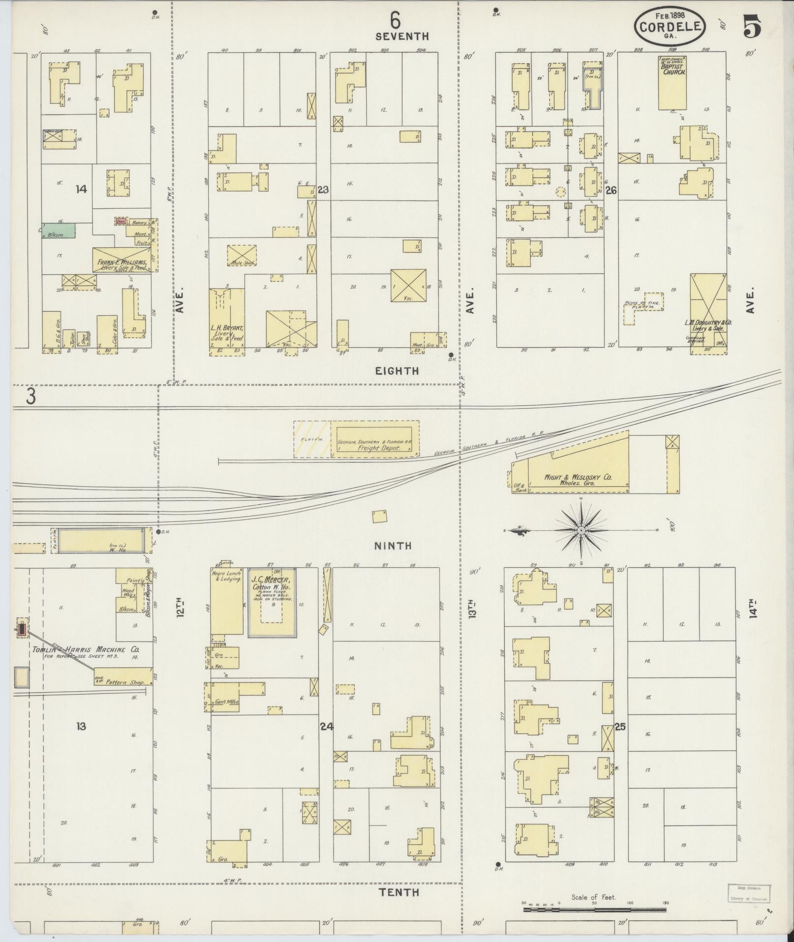 Sanborn Fire Insurance Map from Cordele, Crisp County, Georgia (1898), Sheet #0005 - Historic Sanborn Fire Insurance Map Print, vintage old map wall art, antique decor, genealogy gift, Georgia Georgia map